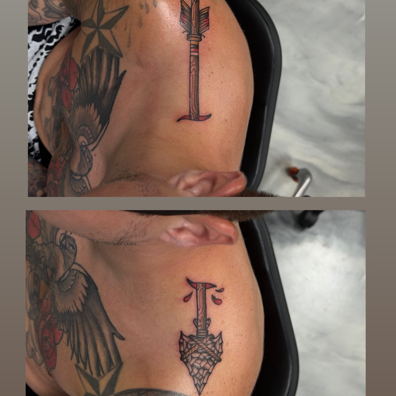 Arrow neo-traditional tattoo on the shoulder by licensed charlotte tattoo artist