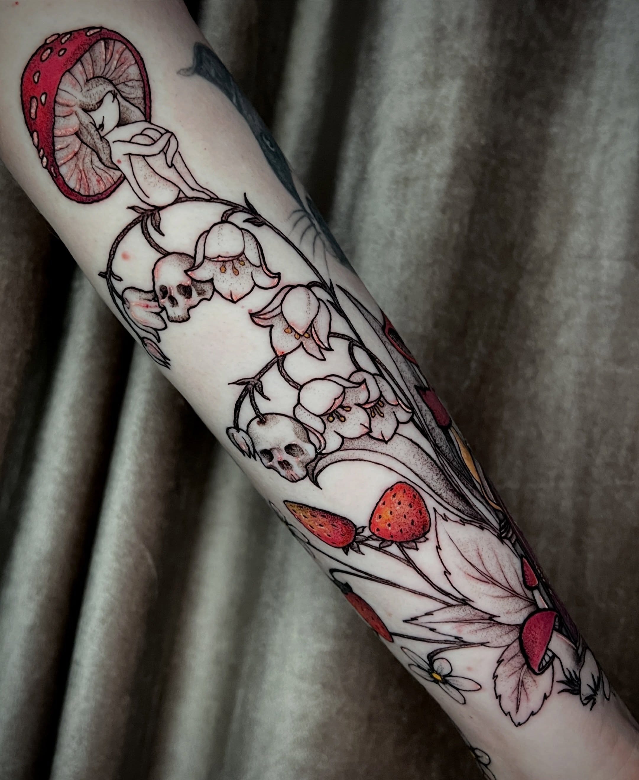 Mushroom, skulls, flowers, strawberries neo-traditional tattoo on the forearm by ✨ Pata Pardee ✨ illustration tattoo