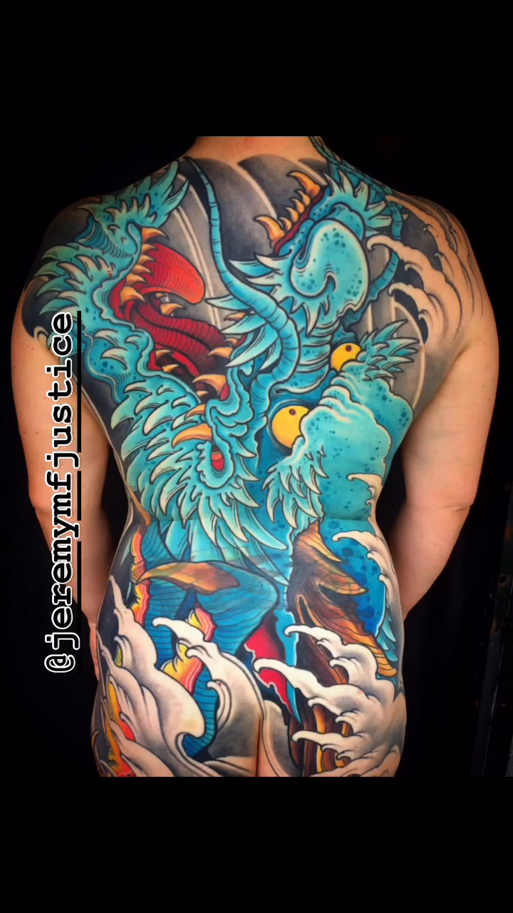 Dragon and mask japanese irezumi tattoo by Jeremy Justice, New Orleans, Louisiana