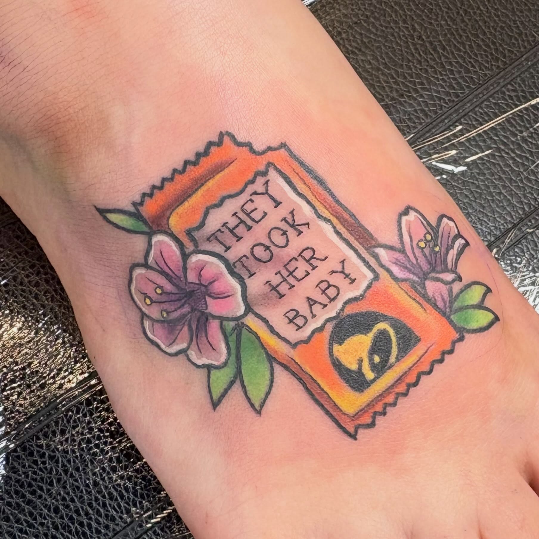 Taco Bell postage stamp American traditional tattoo on the foot by Bre Alex