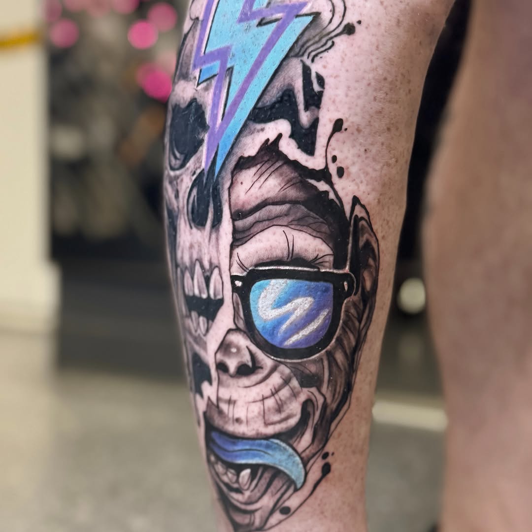 Skull with sunglasses realism tattoo on the forearm by R o s e