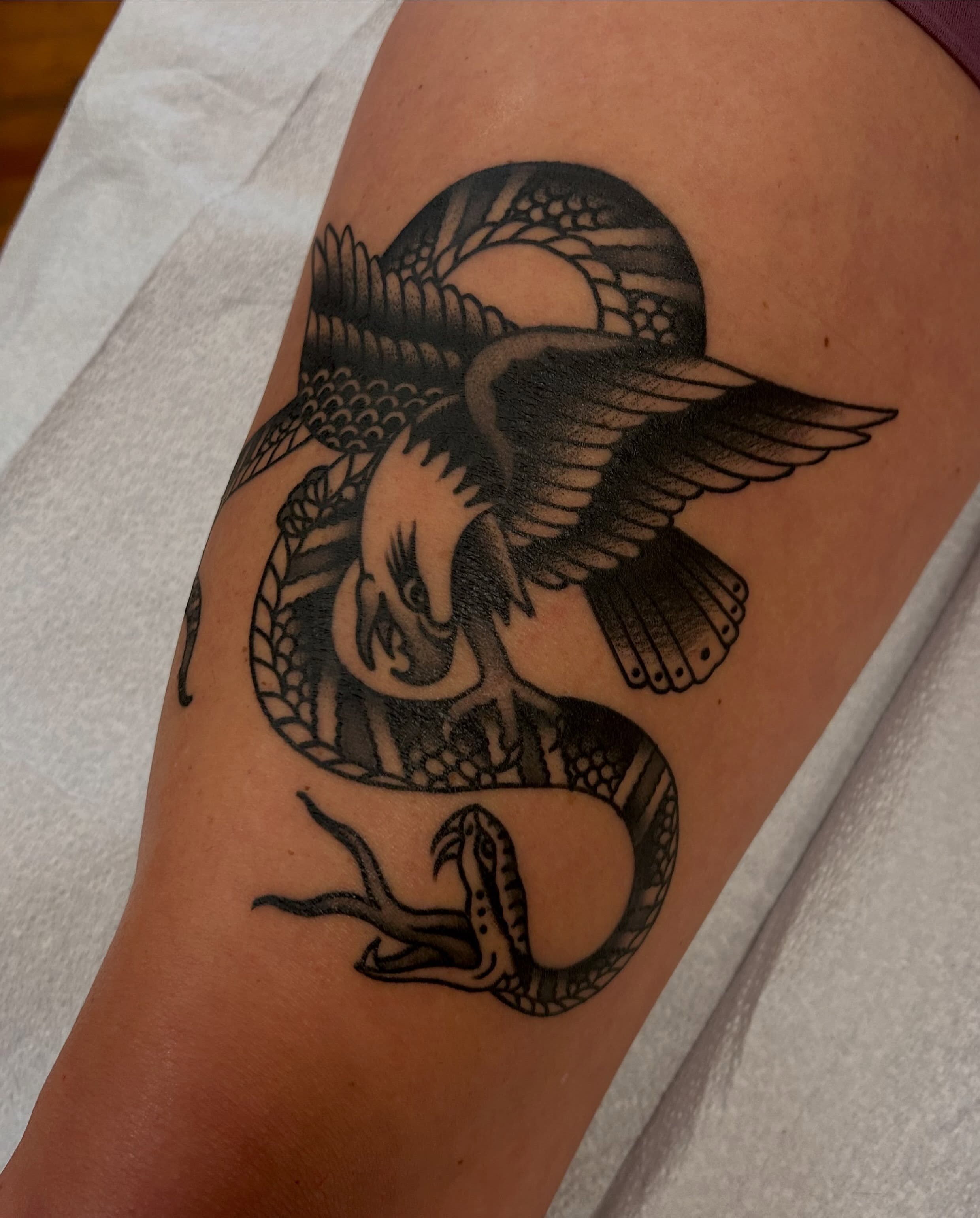 Bird and snake American traditional tattoo on the forearm by Christian Lasyone