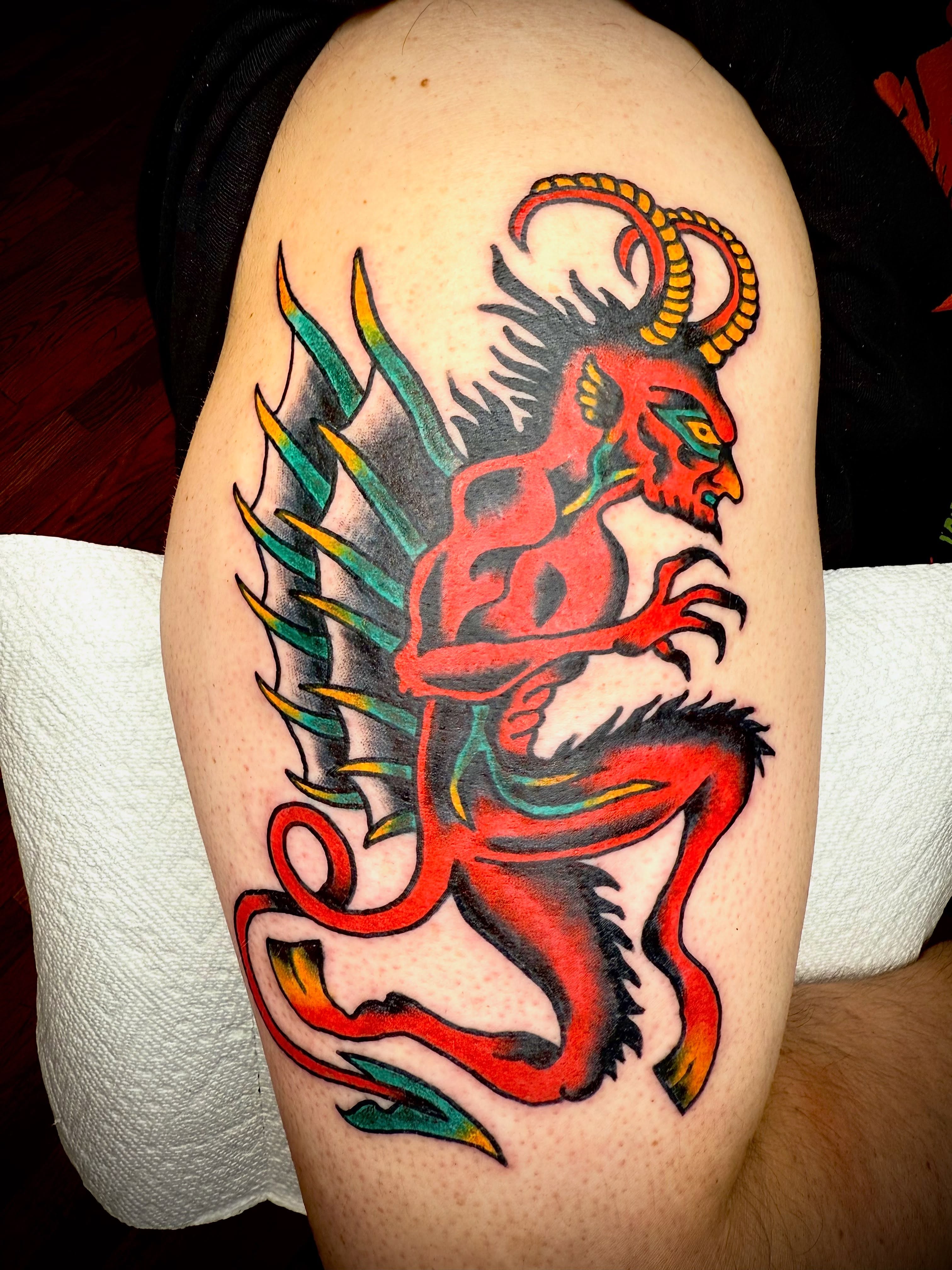 Demon American traditional tattoo on the thigh by Victoria Lagano NYC Traditional Tattoos