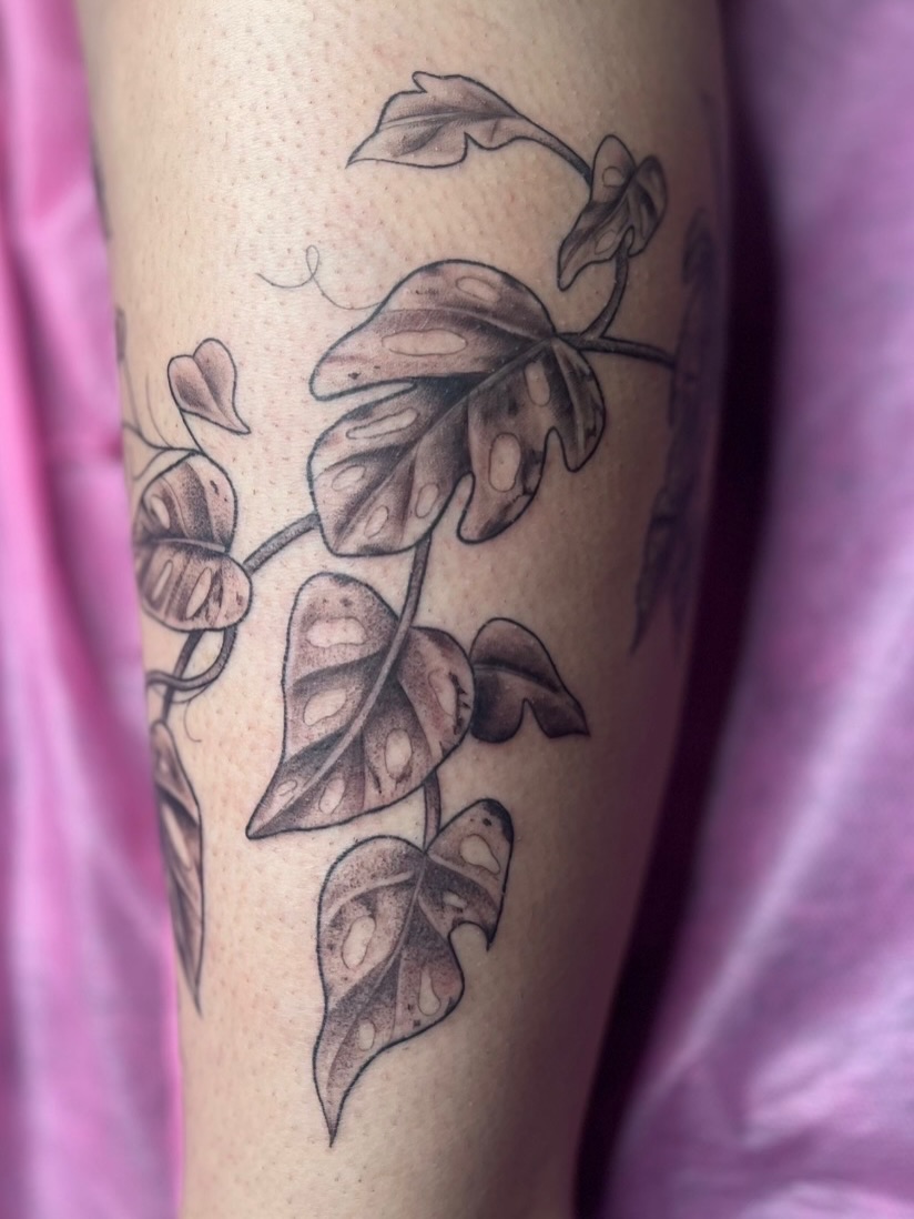 Monstera leaves dotwork tattoo on the forearm by Lexi Ross