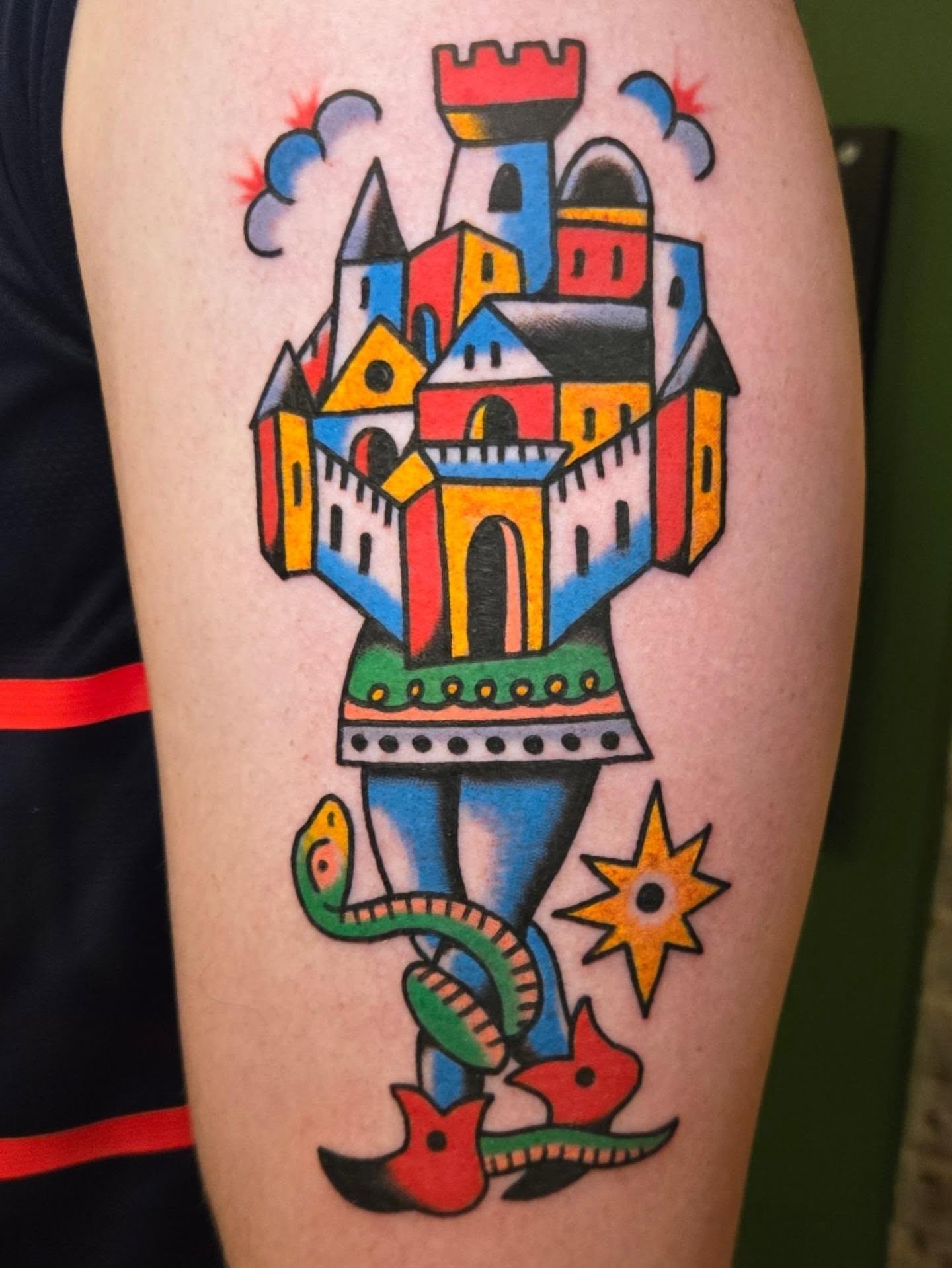 Castle and snake American traditional tattoo on the thigh by Brenn