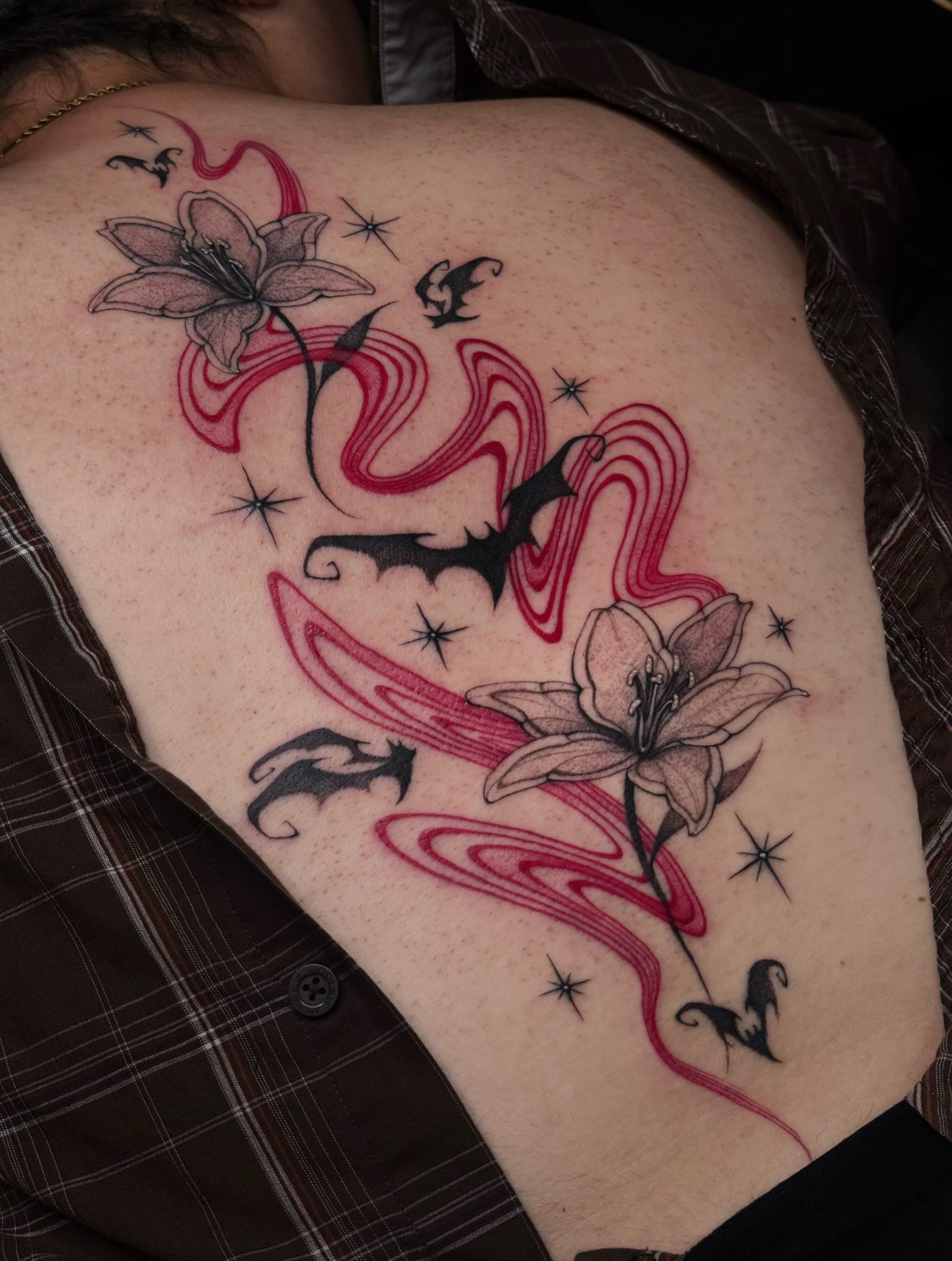 Lilies and bats neo-traditional tattoo on the back by ☠︎ Mikayla Benson  ☠︎
