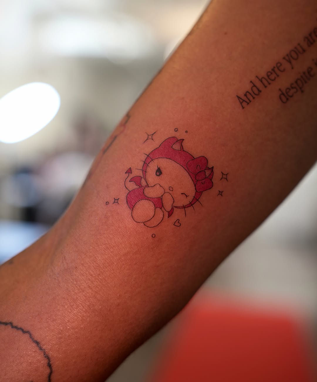 Kitty dotwork tattoo on the forearm by 🤍 Sarah 🖤