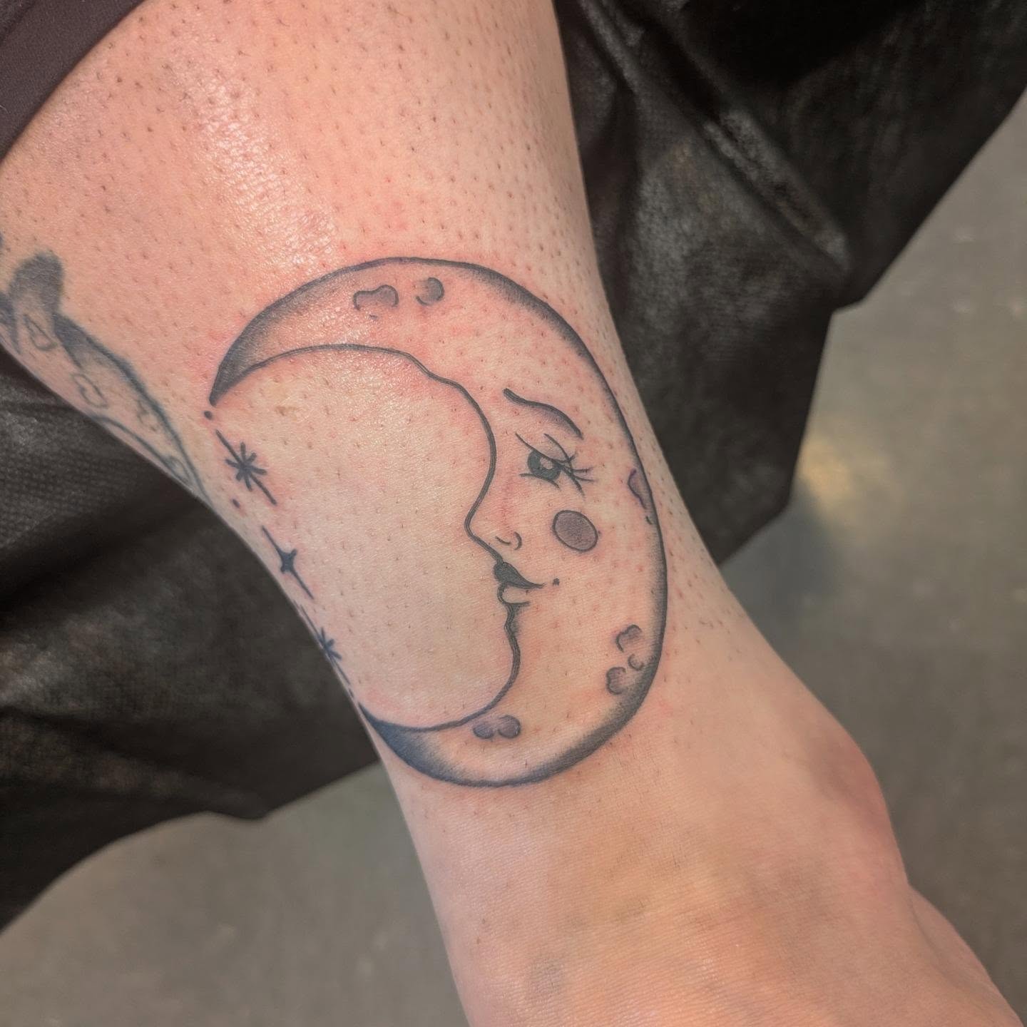 Moon face dotwork tattoo on the forearm by ♡ Cora ♡