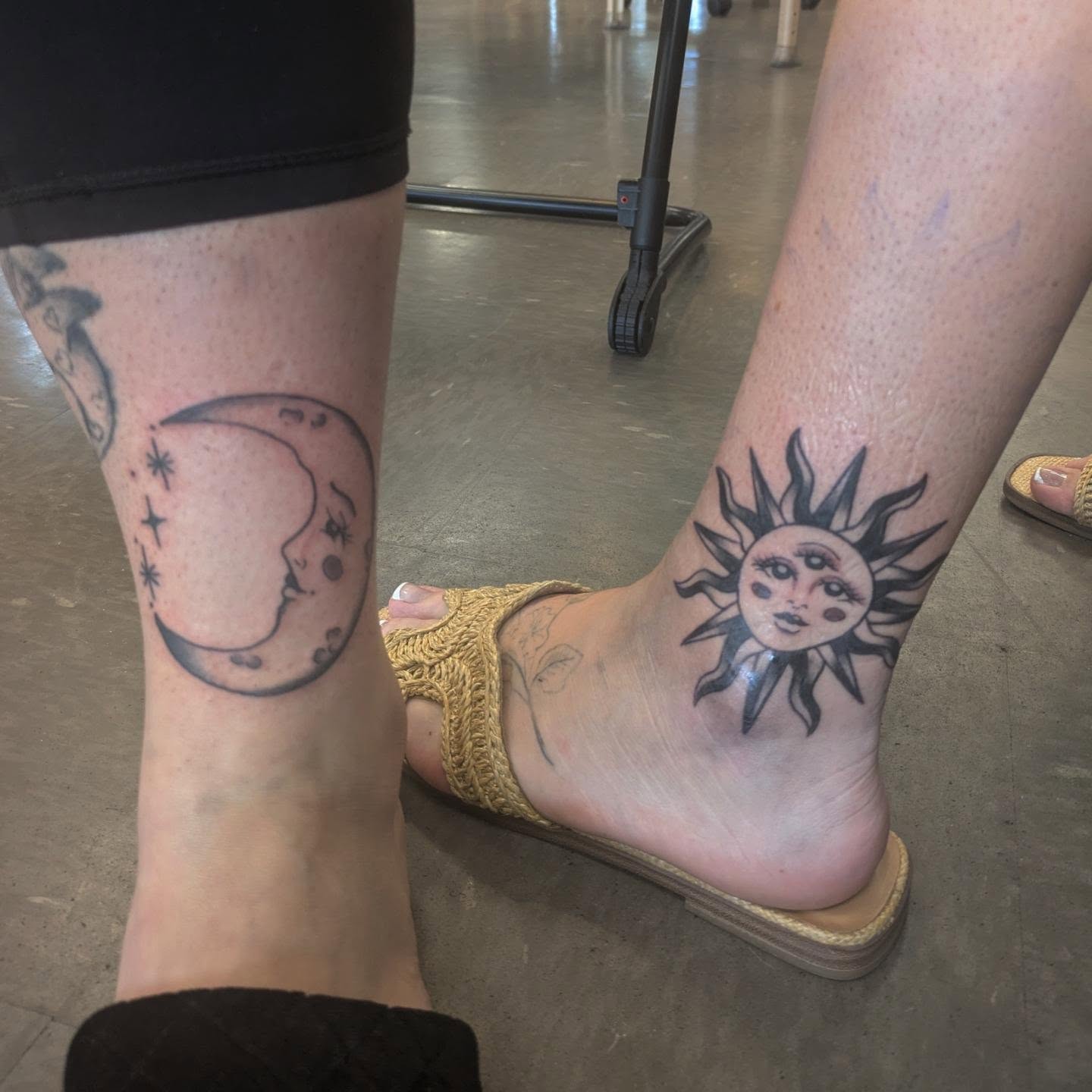 Sun and moon black and grey tattoo on the foot by ♡ Cora ♡