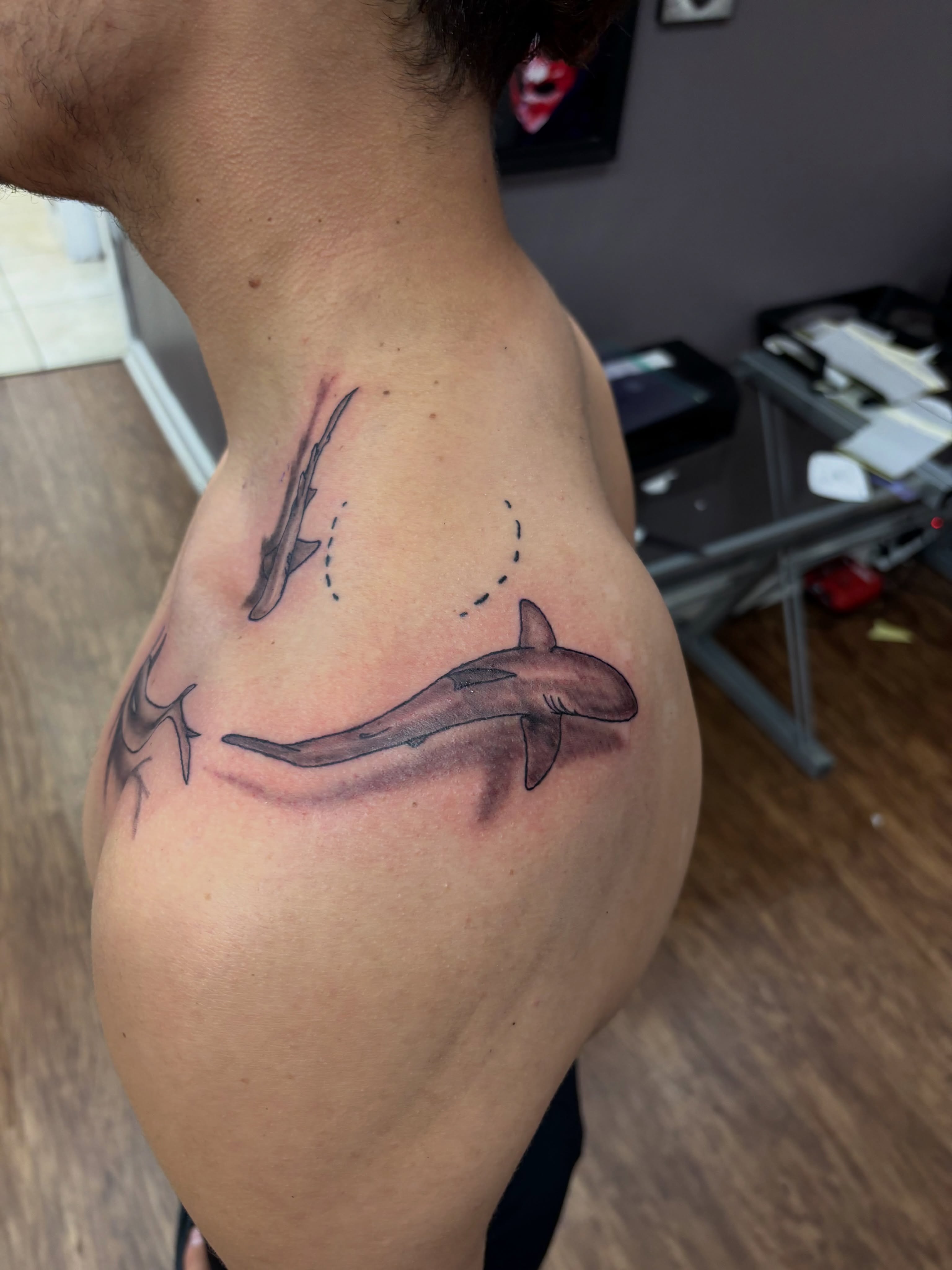 Shark realism tattoo on the shoulder by Thom Johns-Green