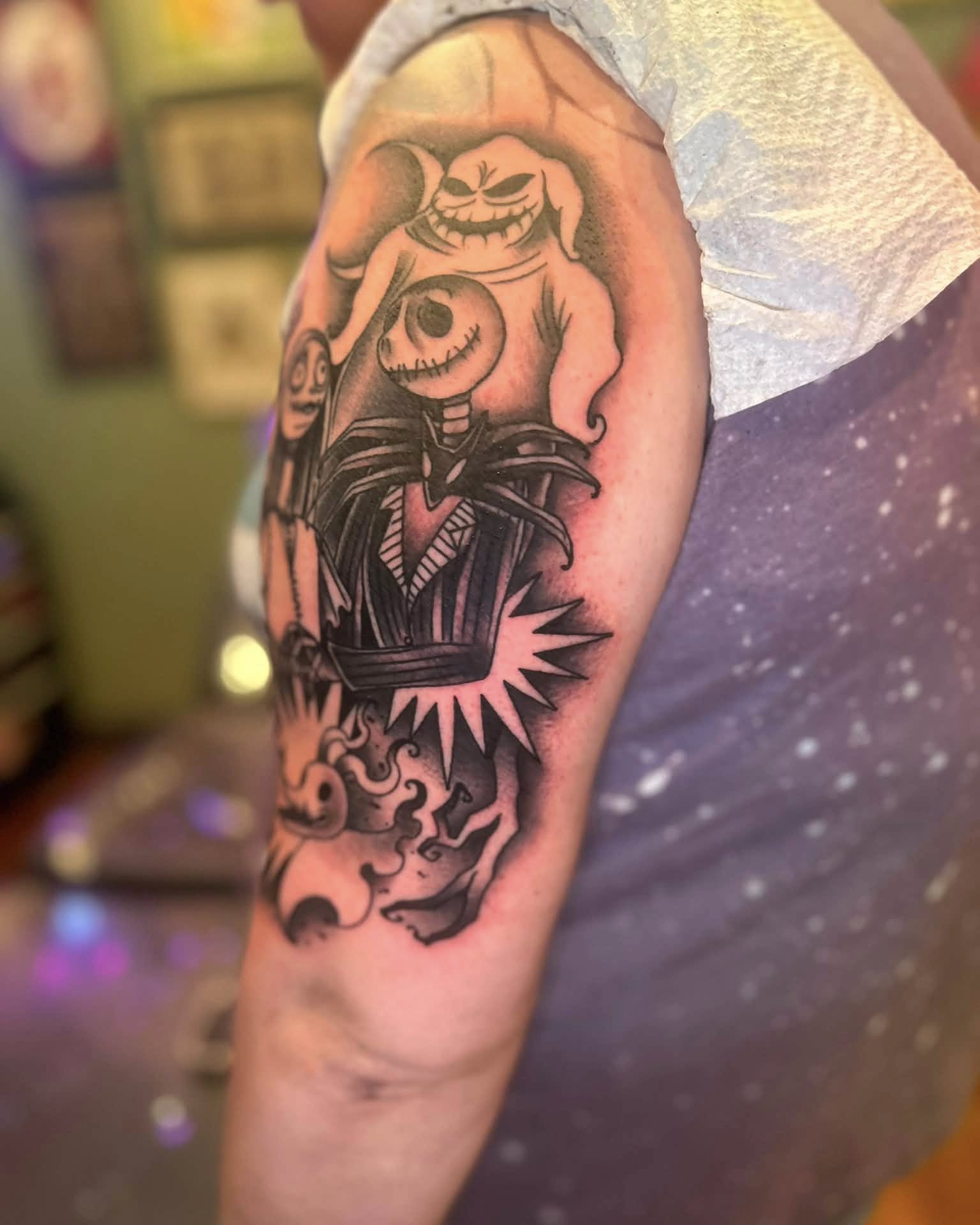 Jack Skellington black and grey tattoo on the forearm by Daemion