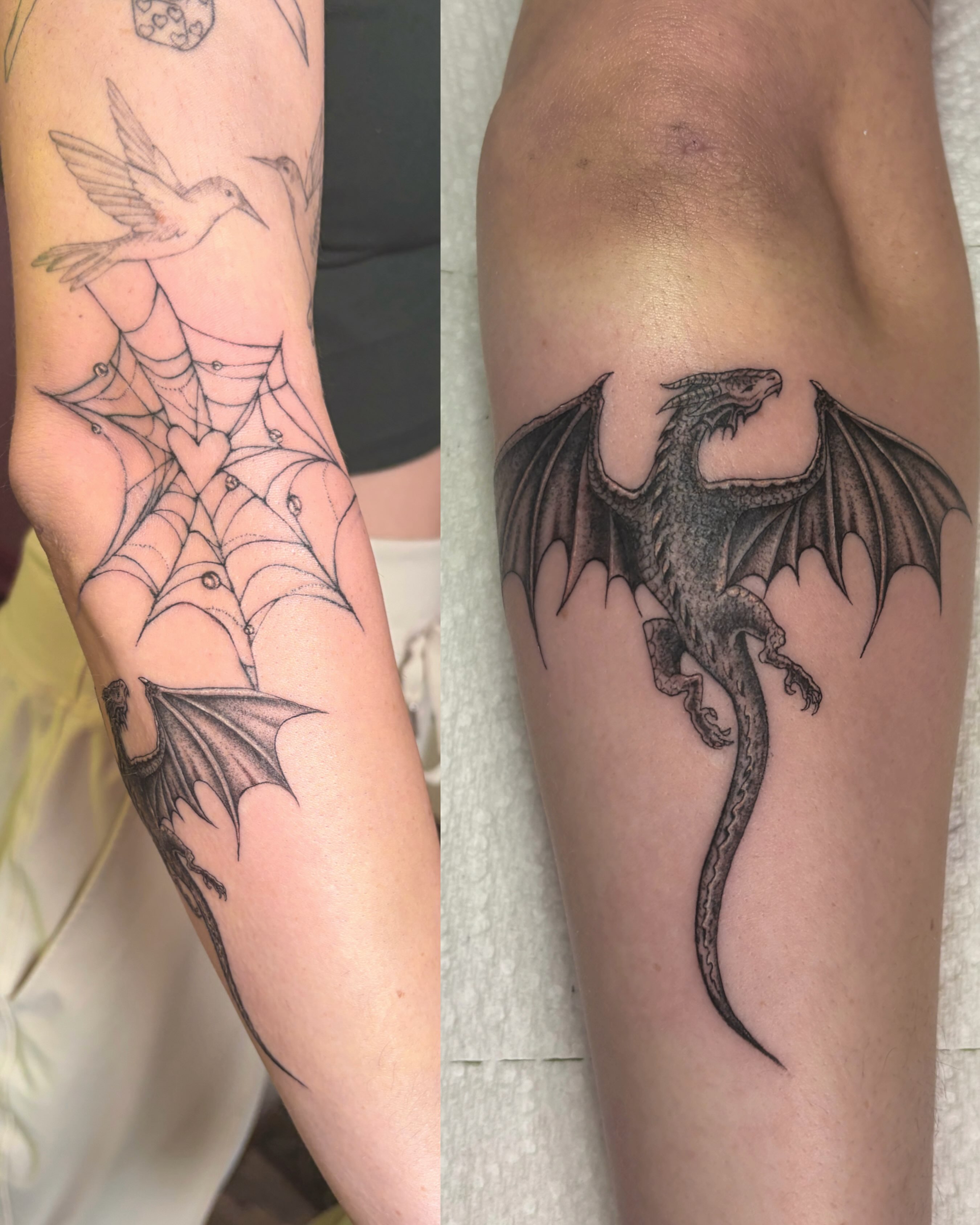 Dragon realism tattoo on the upper arm by Mary Hannah Sosdian