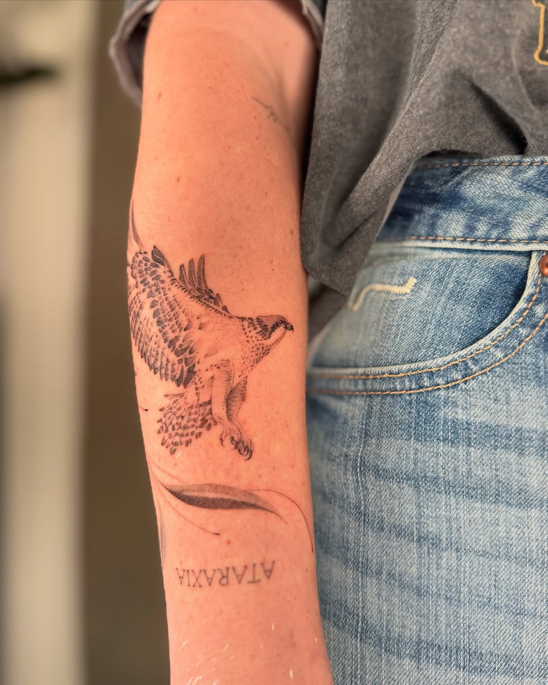 Hawk black and grey tattoo on the forearm by Karina ⋆⭒˚.⋆