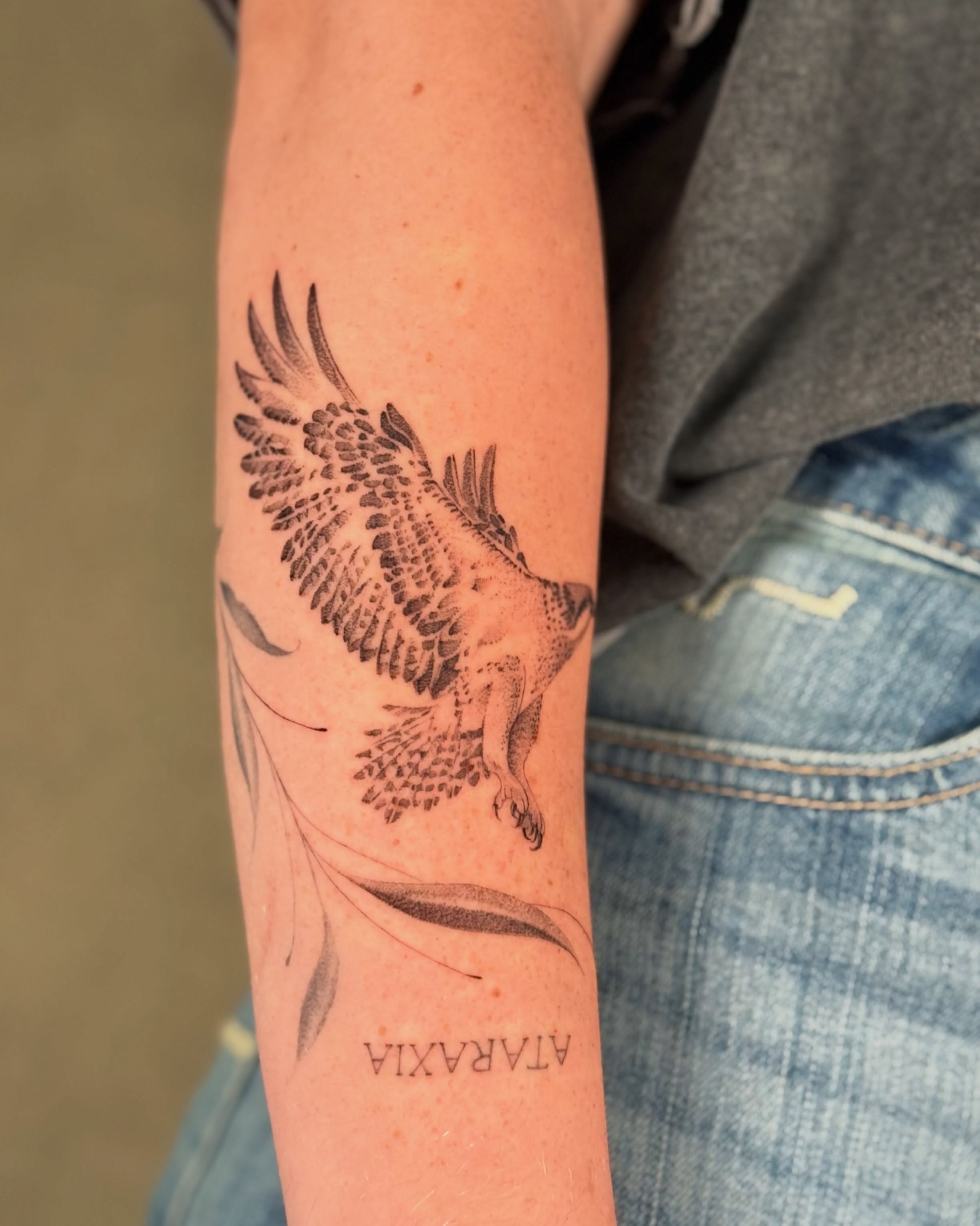 Hawk black and grey tattoo on the forearm by Karina ⋆⭒˚.⋆