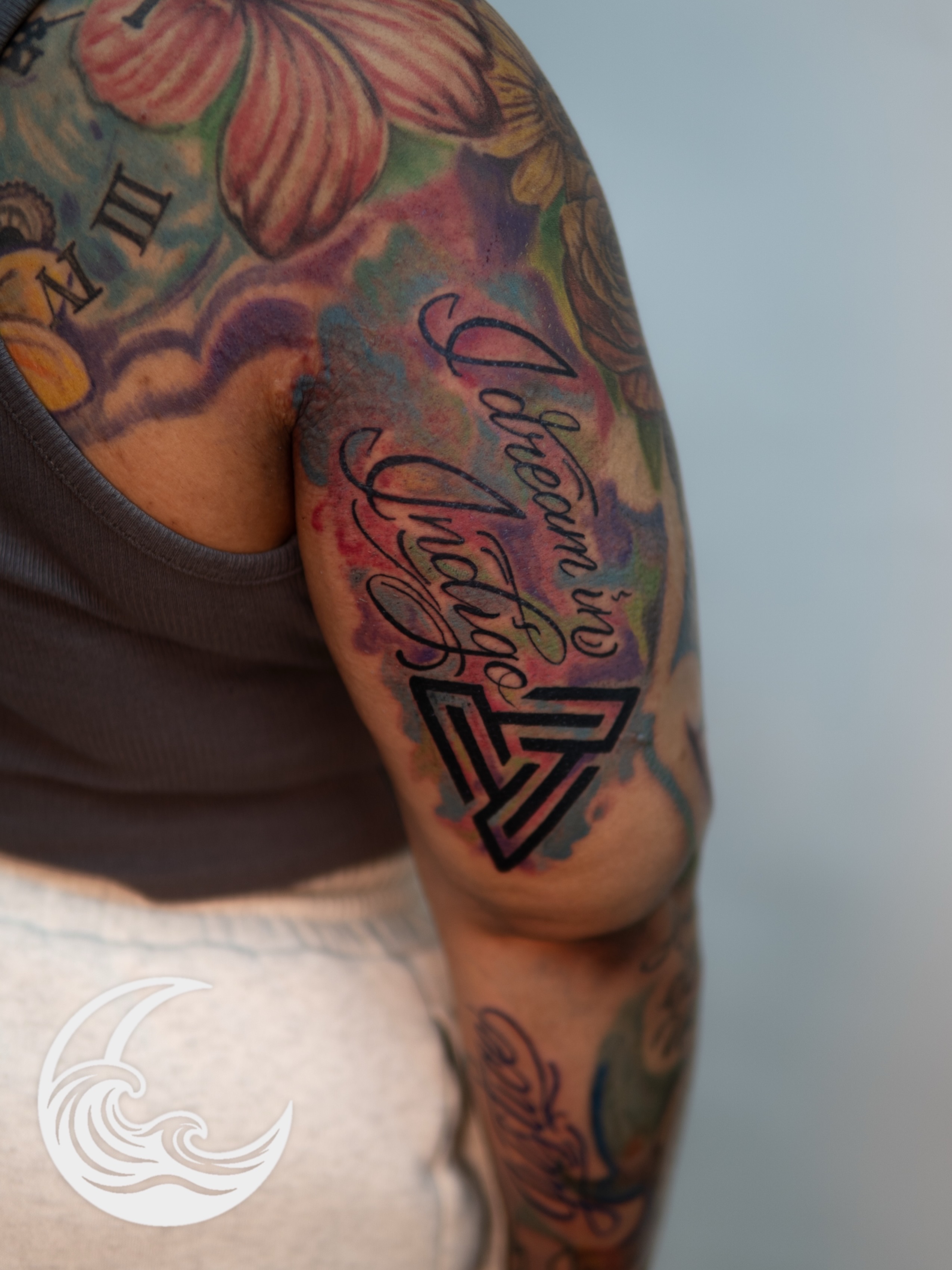Script lettering lettering script tattoo on the upper arm by Justin custard Tattoo💉Artist 🎨Painter