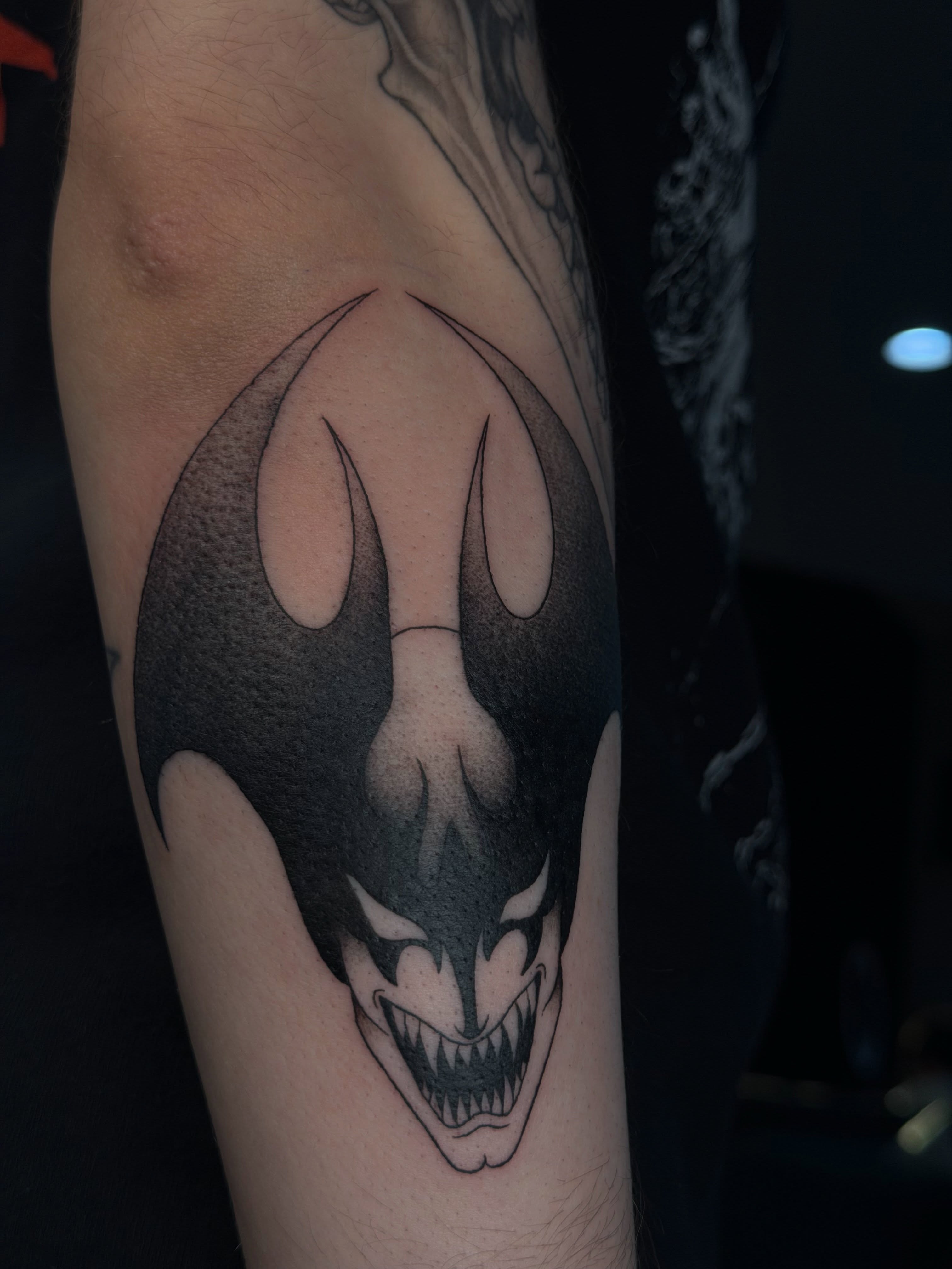 Bat skull dark realism tattoo on the forearm by 𝔍𝔲𝔩𝔦𝔞, New York, New York