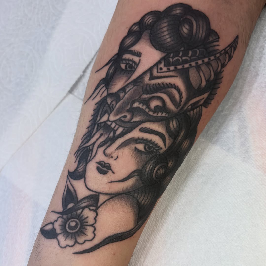 Woman's face American traditional tattoo on the forearm by Lindsey Cam Van