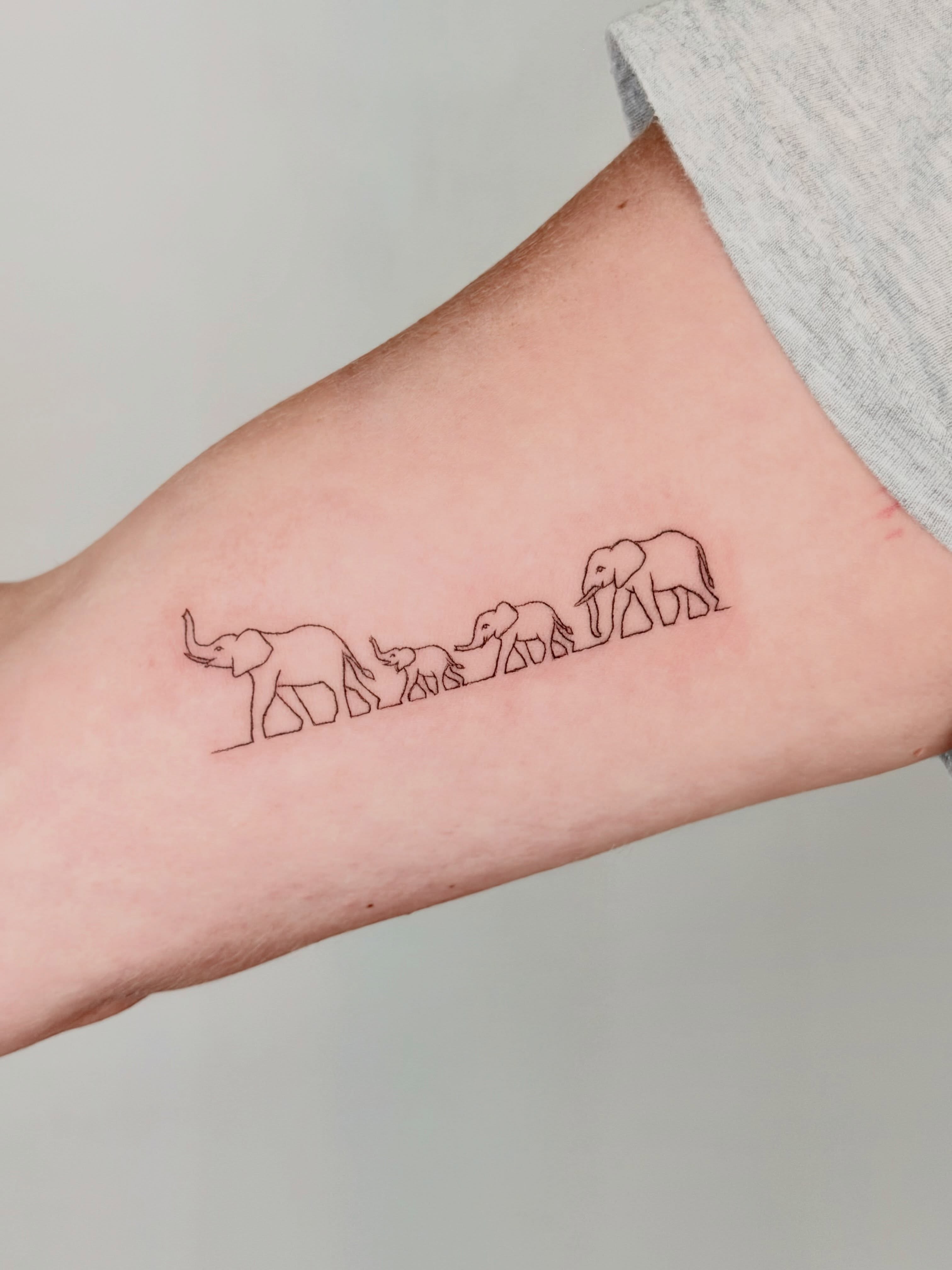 Elephant family fine line tattoo on the forearm by Fine Line Tattoo Artist