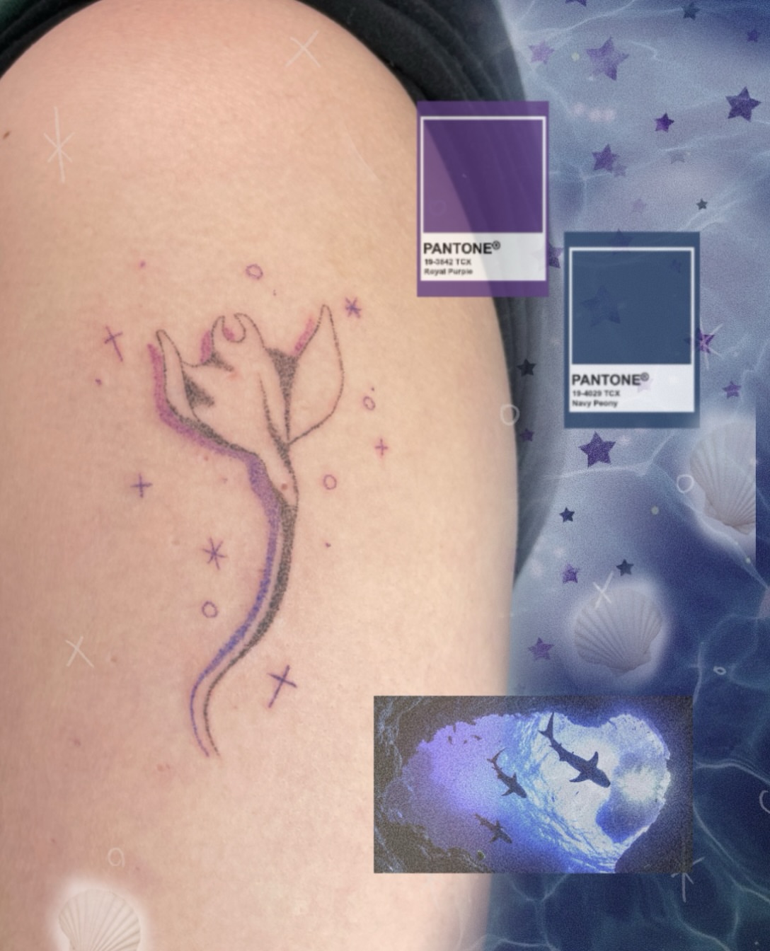 Mermaid tail fine line tattoo on the shoulder by ❆소땀타투_클로버타투