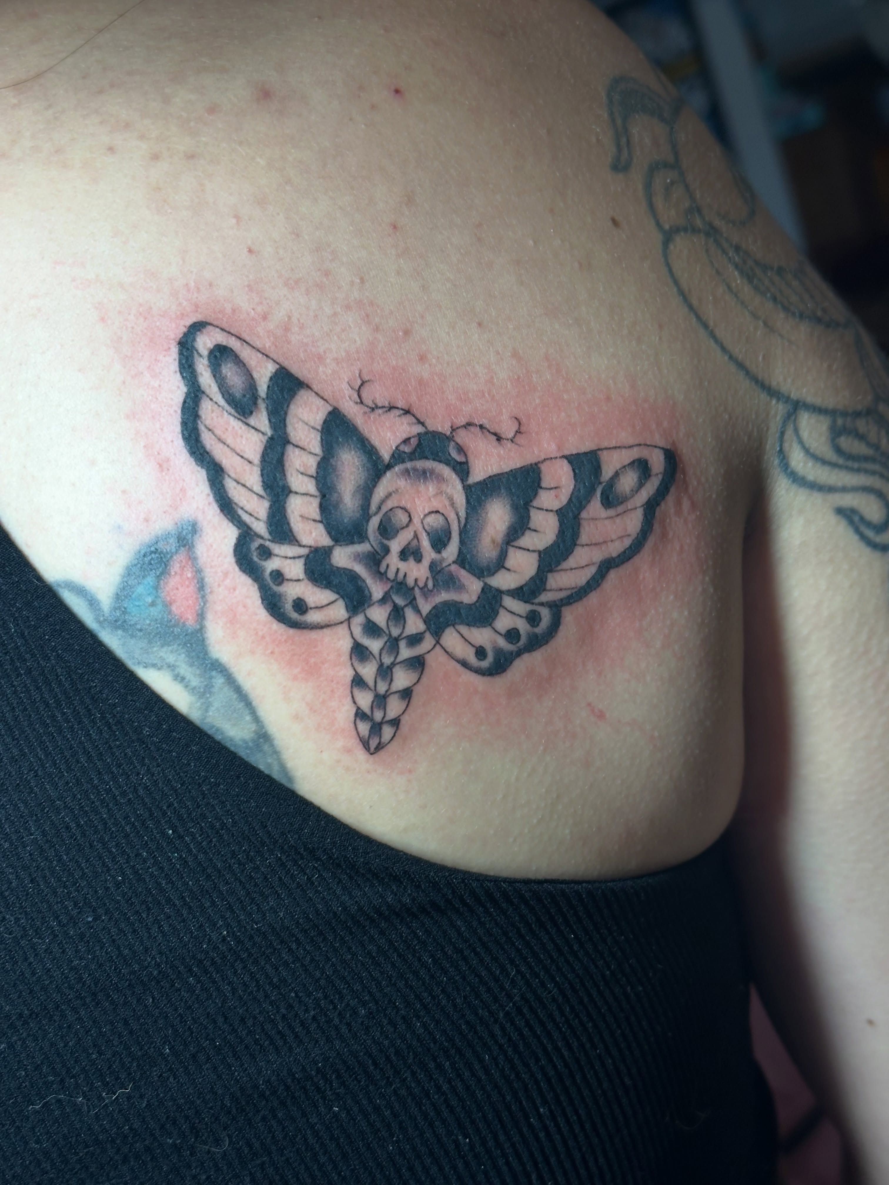Moth with skull head black and grey tattoo on the shoulder by Providence Tattooer