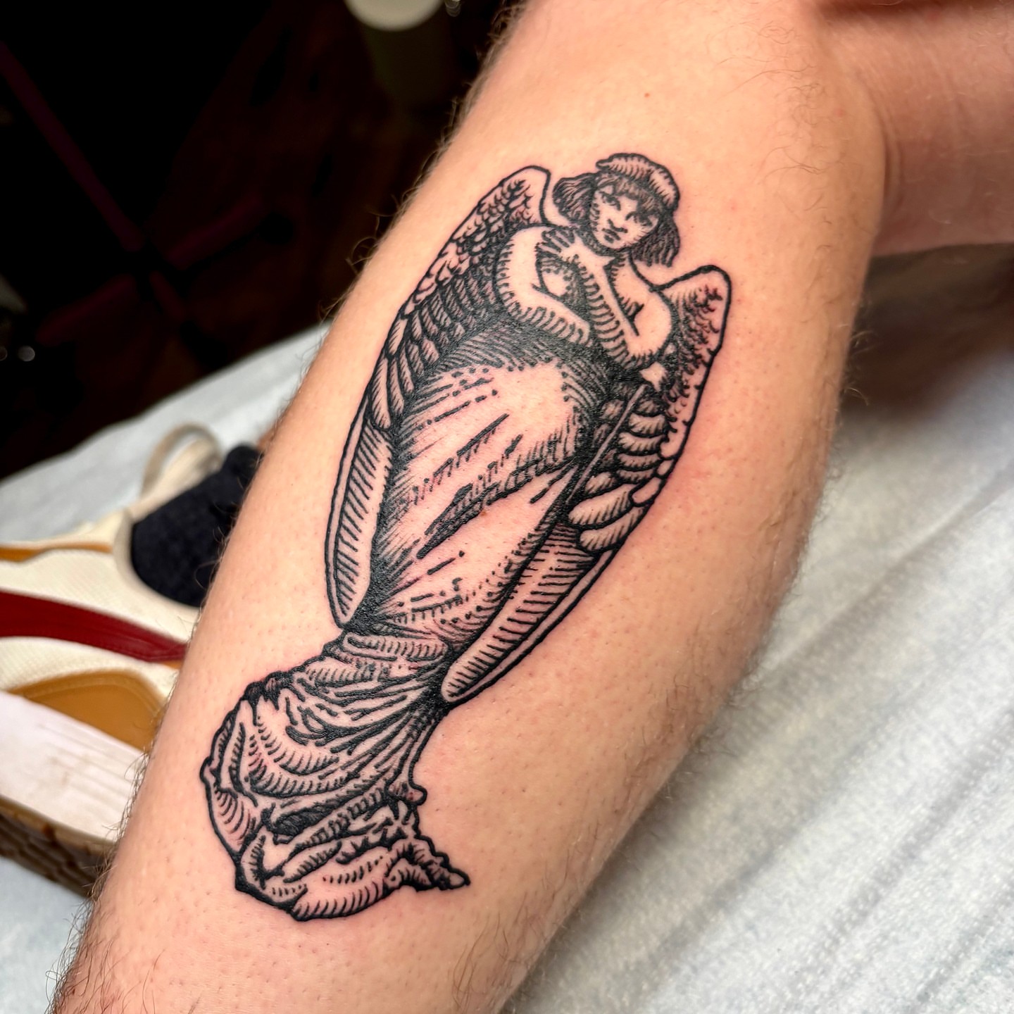 Angel black and grey tattoo on the forearm by ๐๐๐ ๐๐๐๐๐๐๐๐๐๐๐
