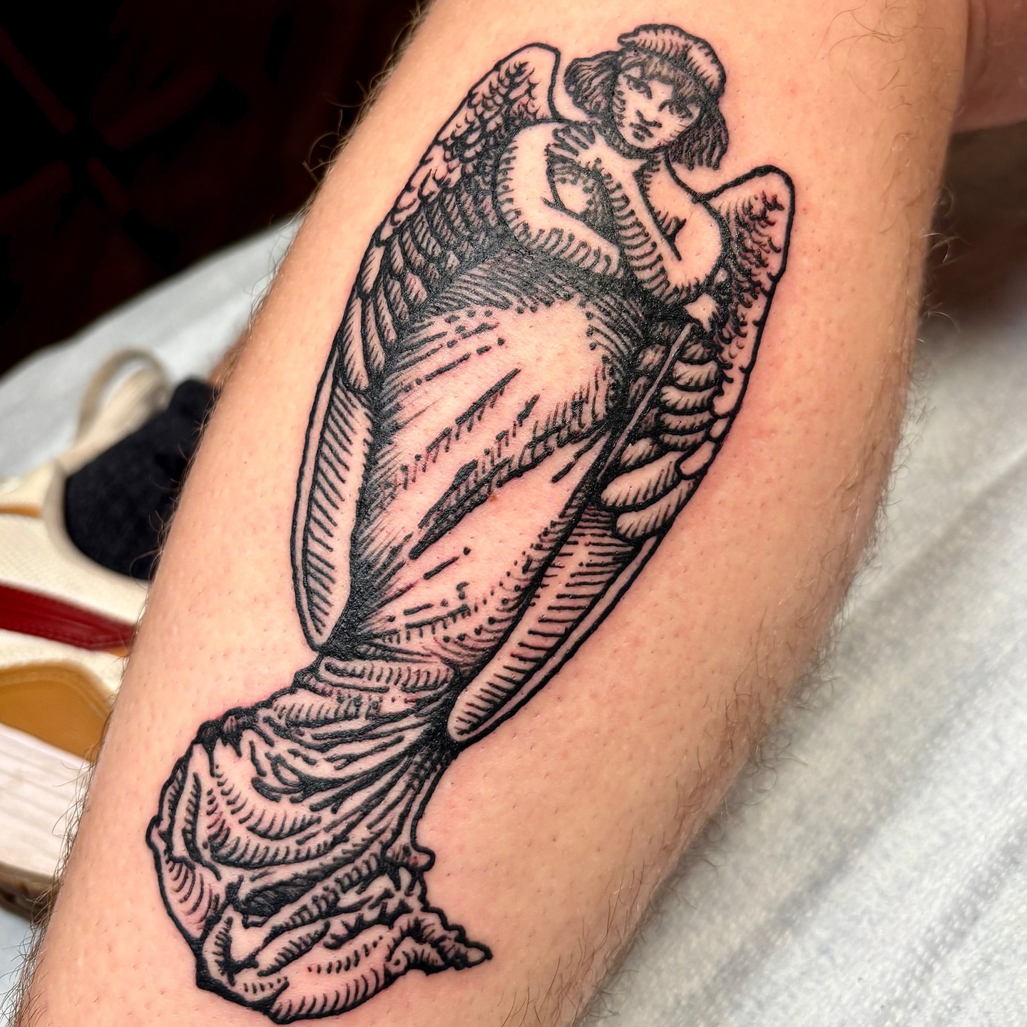 Angel black and grey tattoo on the forearm by ๐๐๐ ๐๐๐๐๐๐๐๐๐๐๐