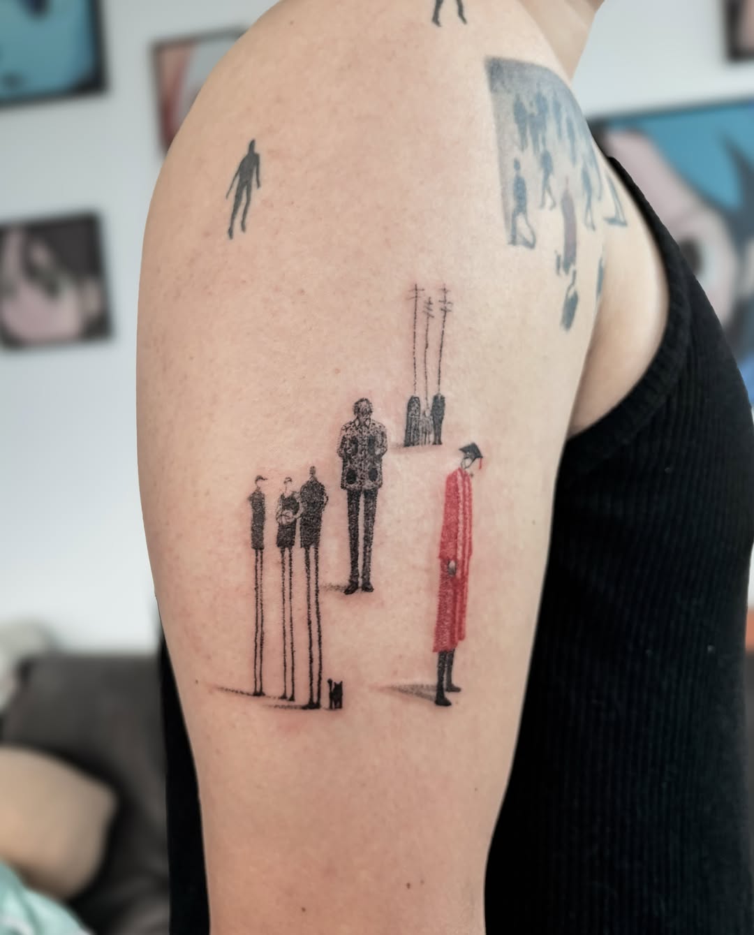 Family silhouette dotwork tattoo on the forearm by Jinz