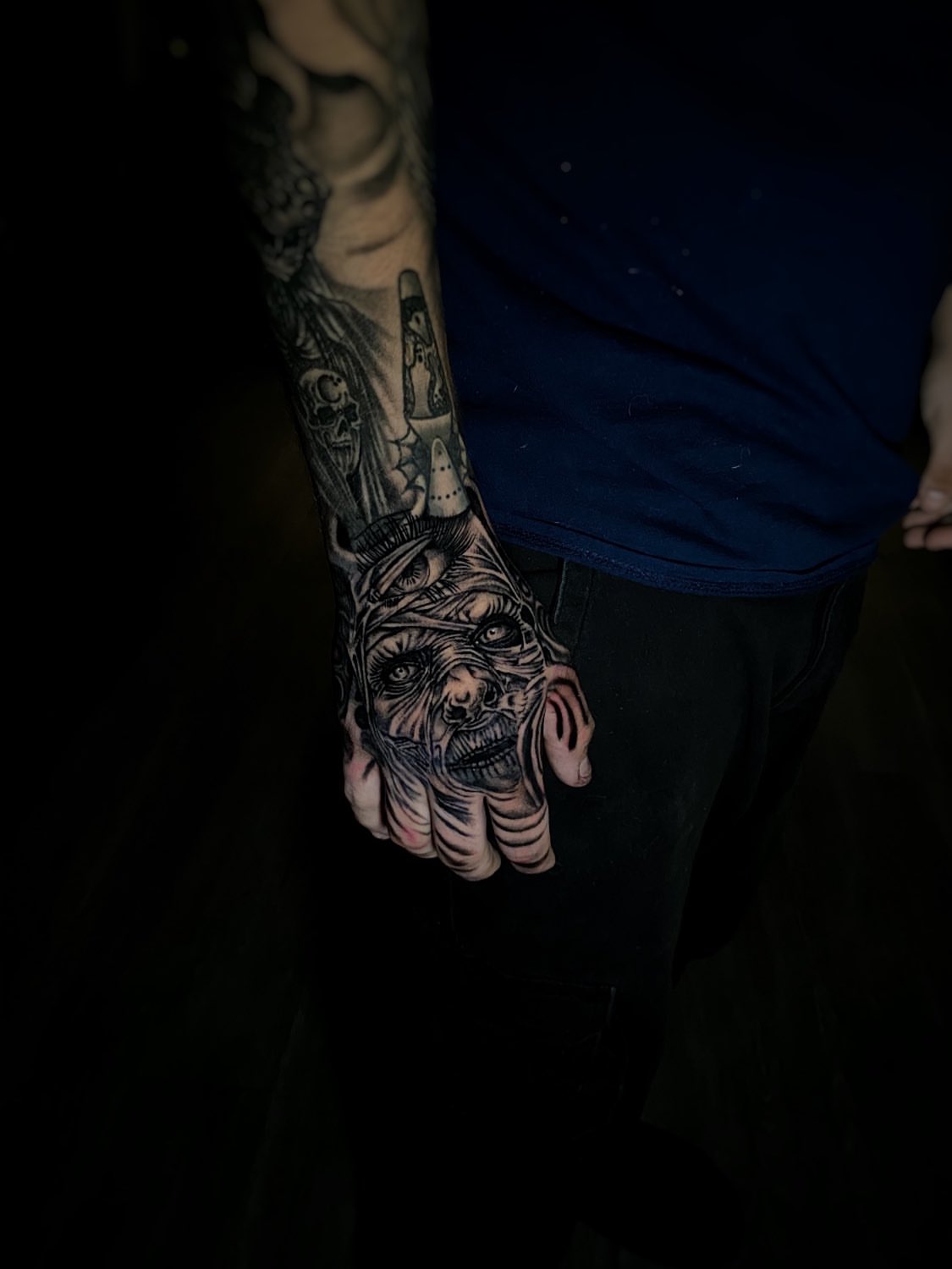 Mummy dark realism tattoo on the hand by Kelan Mckenna