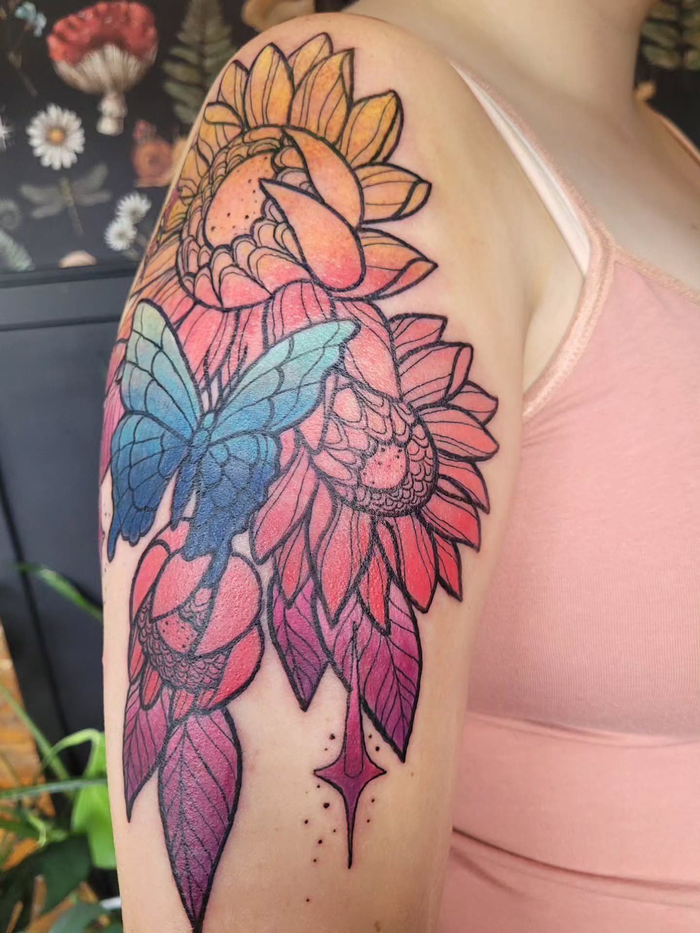 Sunflower and butterfly new school tattoo on the shoulder by Ashley Thomas, Midvale, Utah