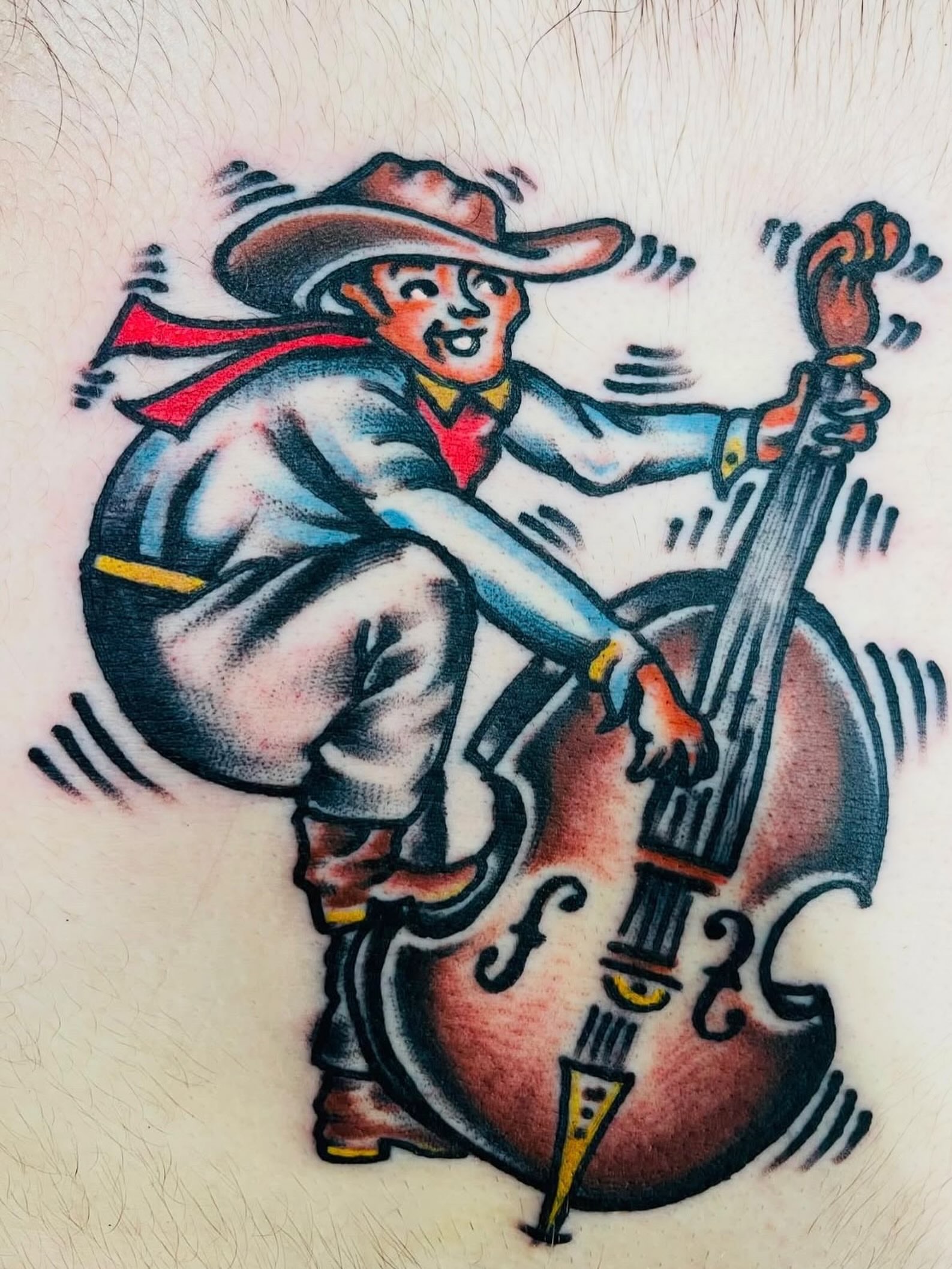 Cowboy playing double bass American traditional tattoo on the torso by dave rash