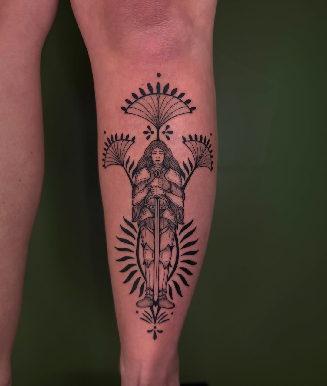 Woman with sword black and grey tattoo on the calf by ๐ฅ ๐๐ฅ๐๐ฑ๐ข๐ฌ ๐ฅ