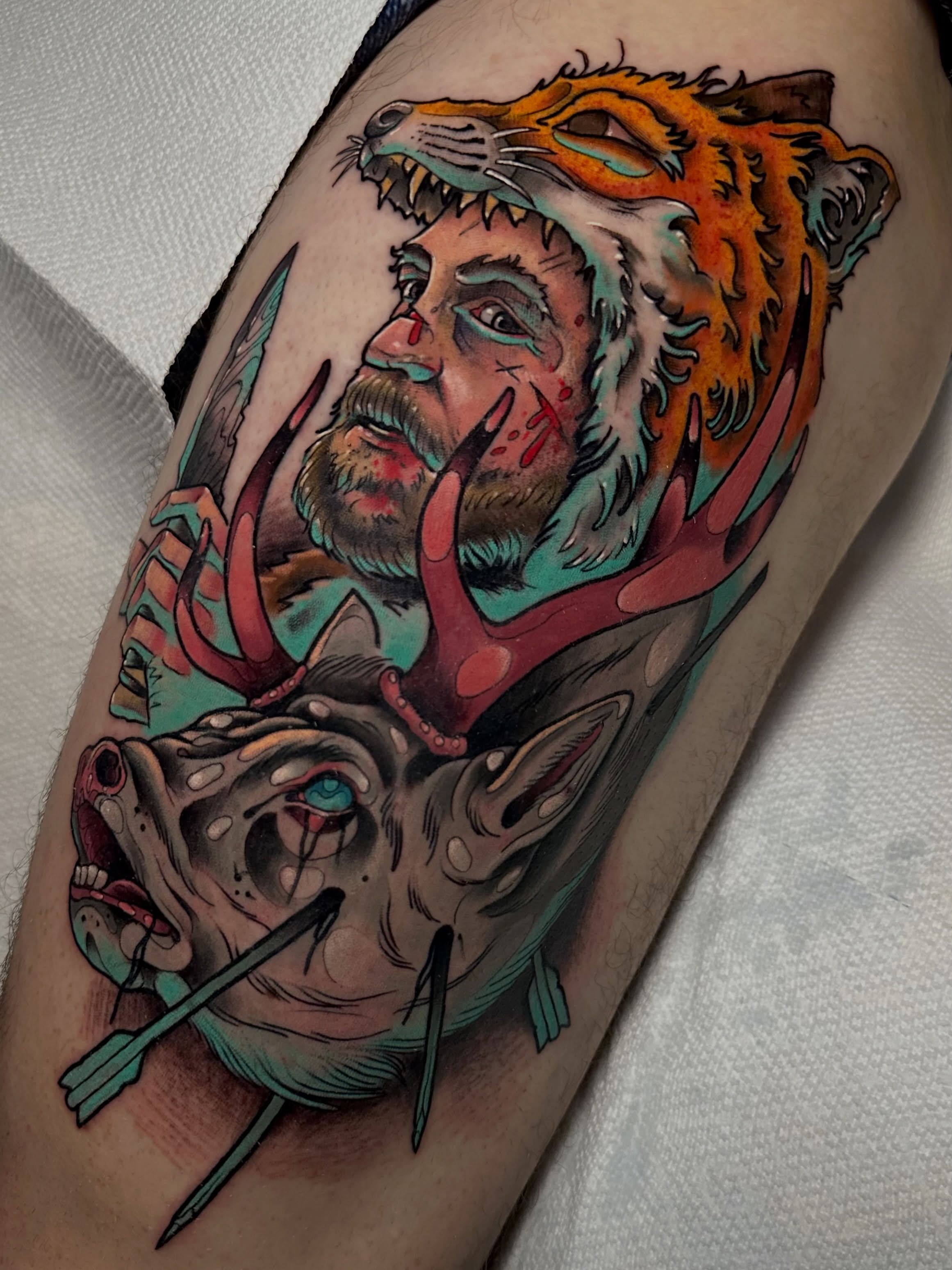 Man with tiger head American traditional tattoo on the forearm by 𝐀𝐮𝐬𝐭𝐢𝐧 𝐌𝐨𝐫𝐫𝐢𝐬𝐨𝐧 𝐓𝐚𝐭𝐭𝐨𝐨𝐬