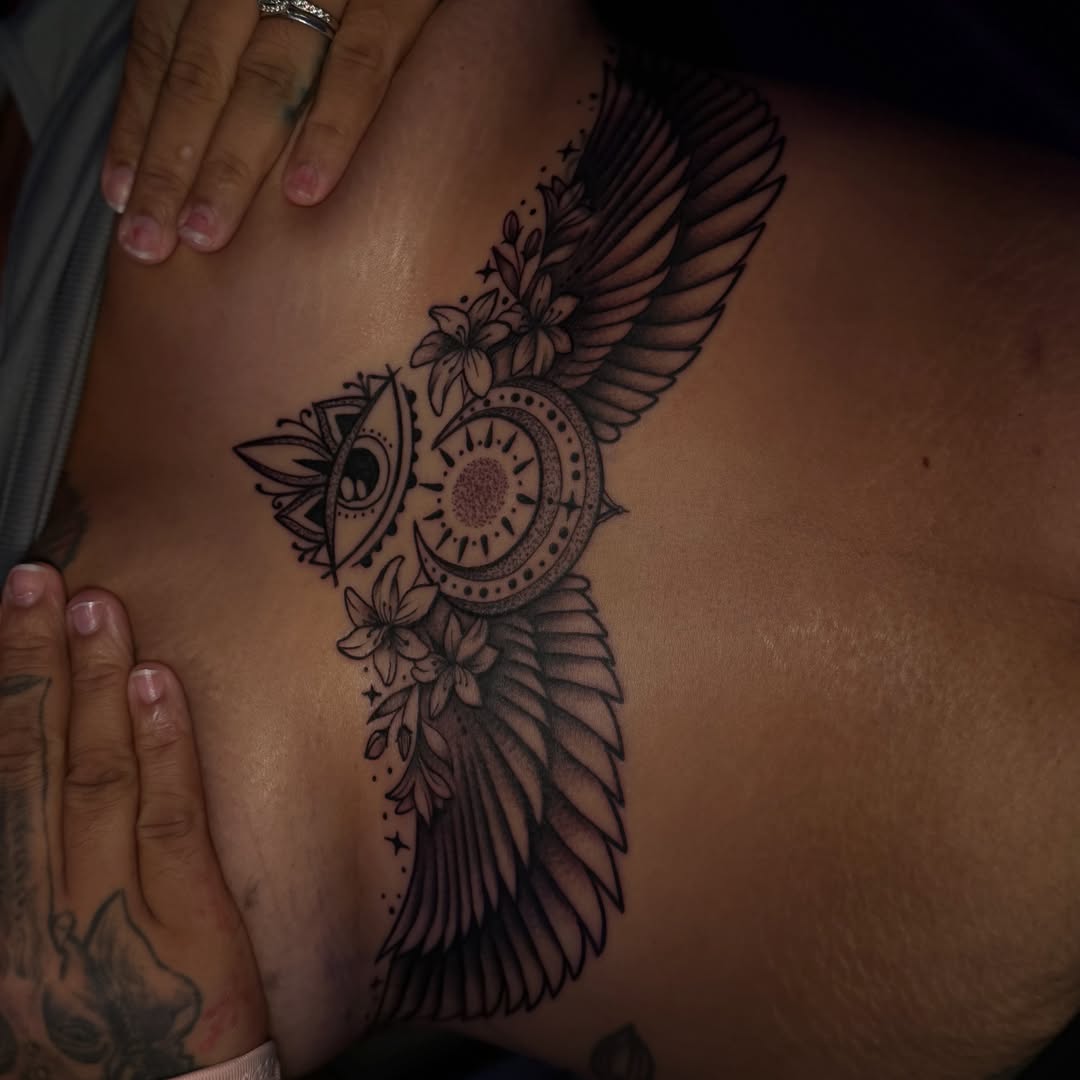 Owl geometric tattoo on the ribs by Charlotte Nc📍tattoo Artist