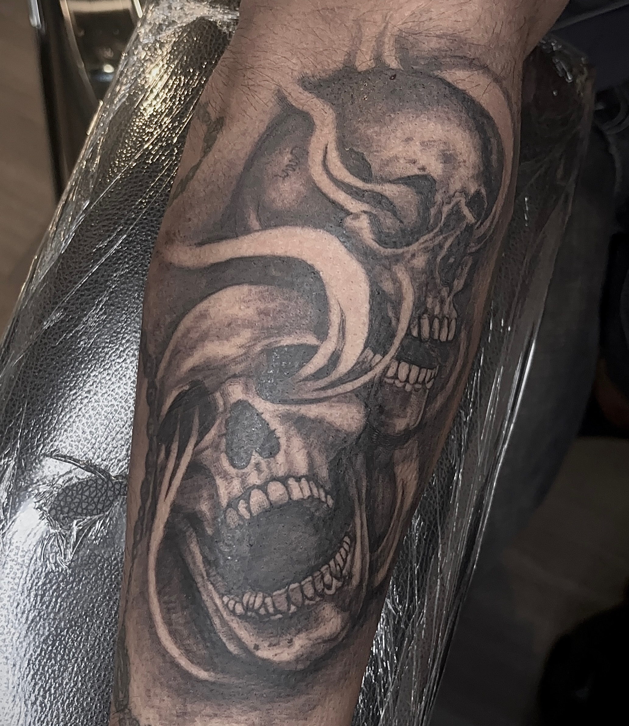 Skulls and snake realism tattoo on the forearm by Weho Tattoo Artist Lupe