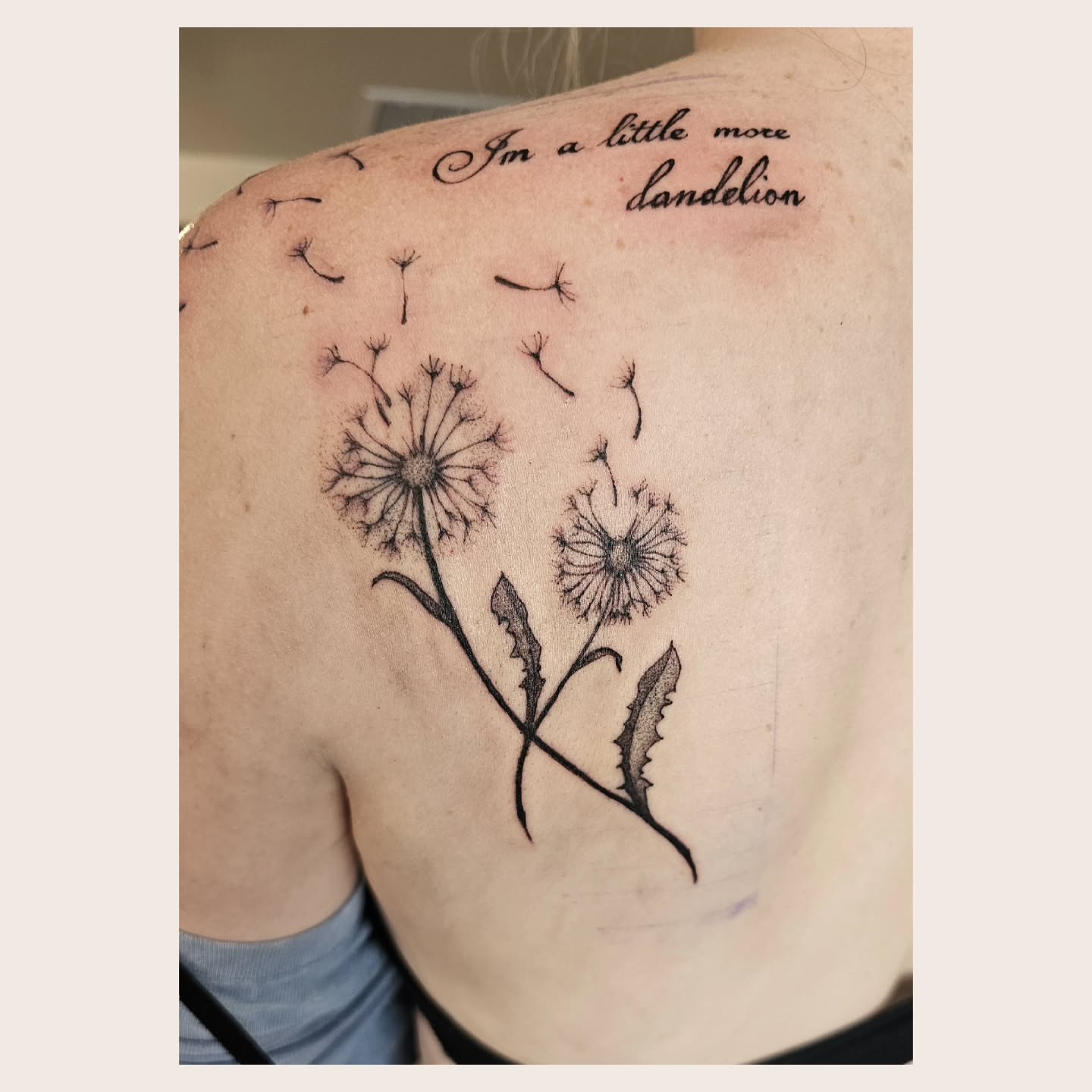 Dandelion black and grey tattoo on the shoulder by The Fabled Tattooist (Alyssa Summers), Eagle Point, Oregon