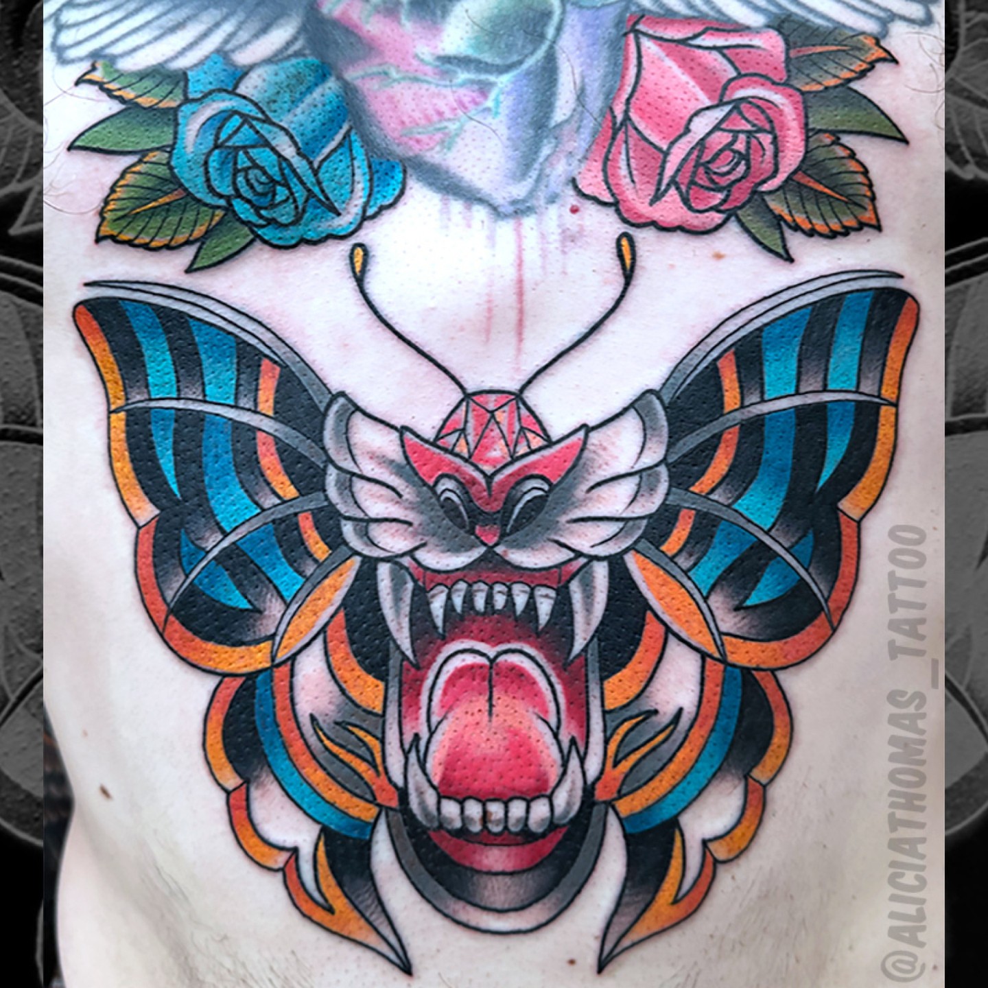 Butterfly American traditional tattoo on the chest by 𝖆𝖑𝖎𝖈𝖎𝖆 𝖙𝖍𝖔𝖒𝖆𝖘