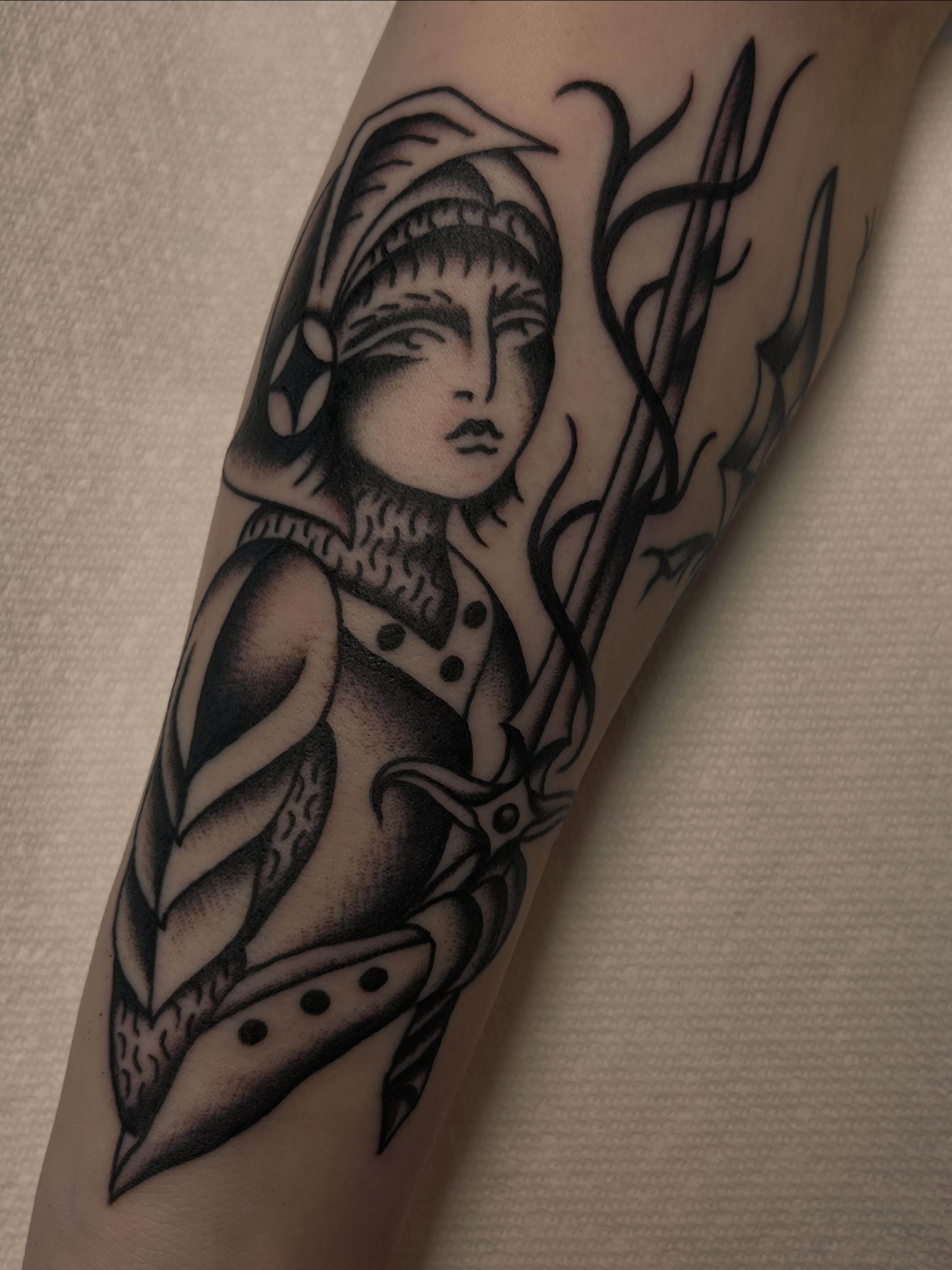 Woman warrior American traditional tattoo on the forearm by Morgan Mansfield