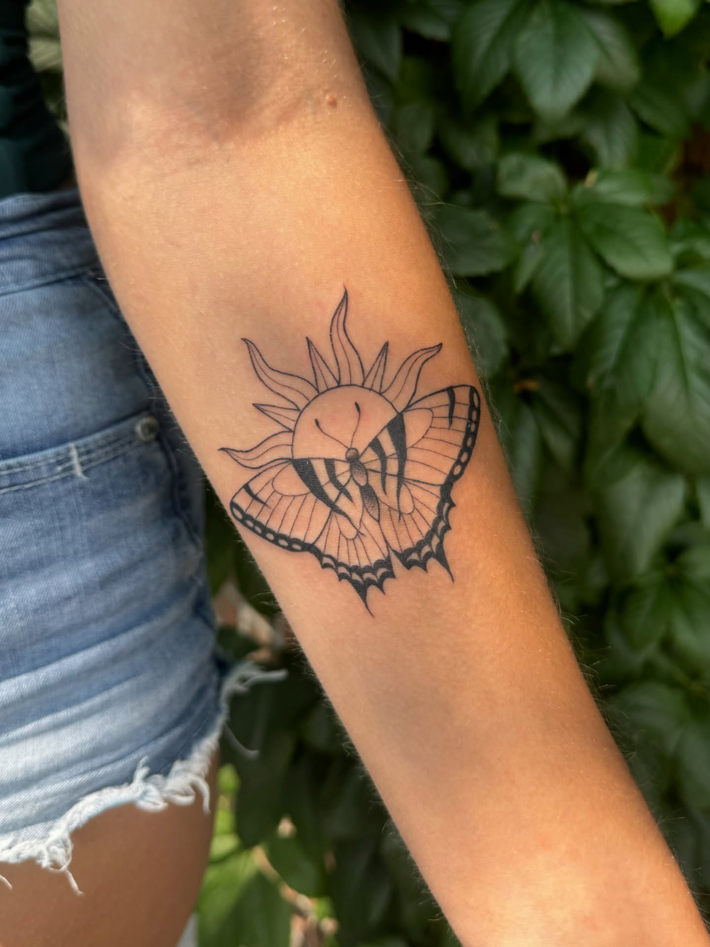Sun and butterfly black and grey tattoo on the forearm by ꧁꧁Hayley꧂꧂