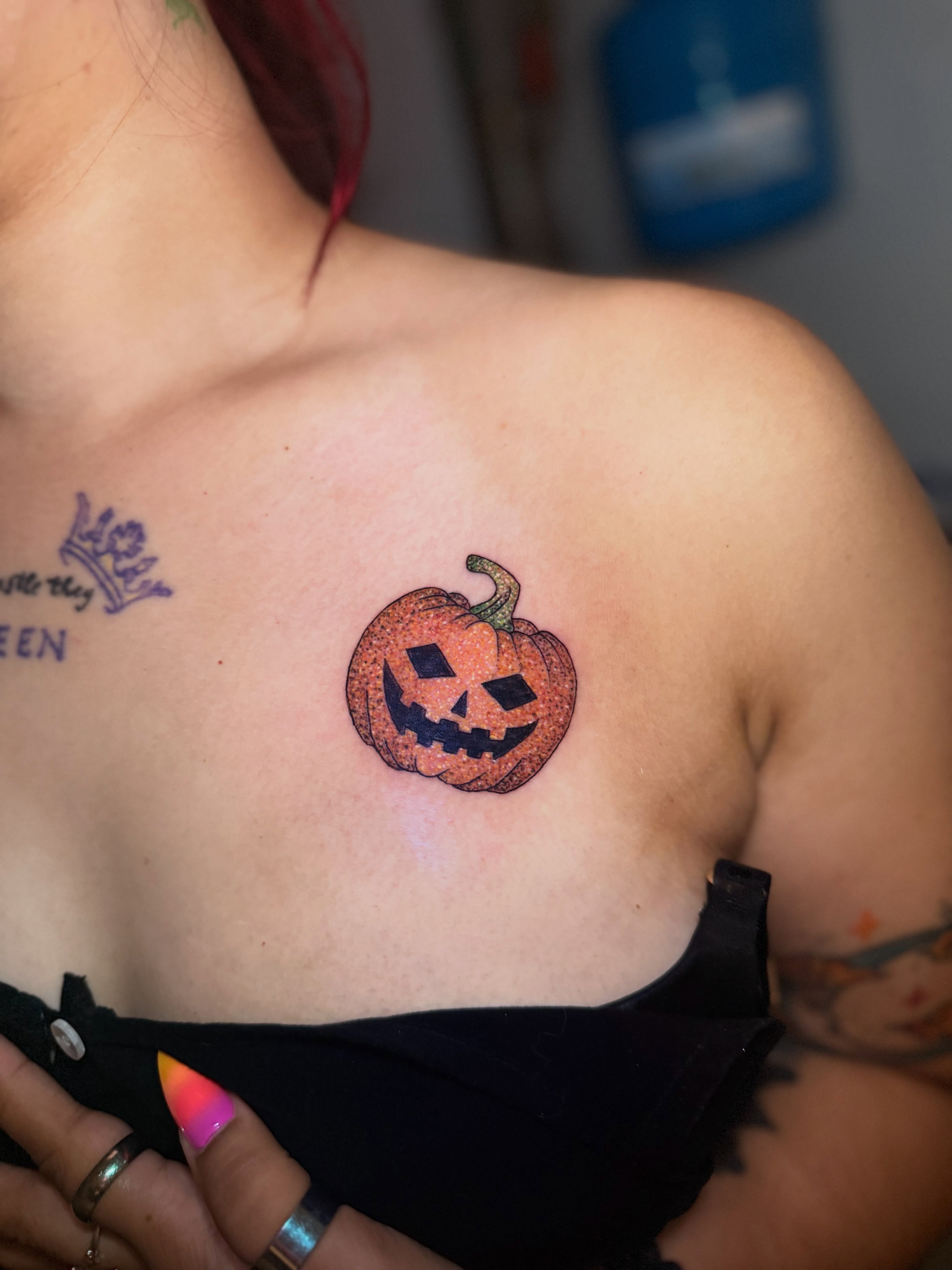 Pumpkin American traditional tattoo on the chest by Max