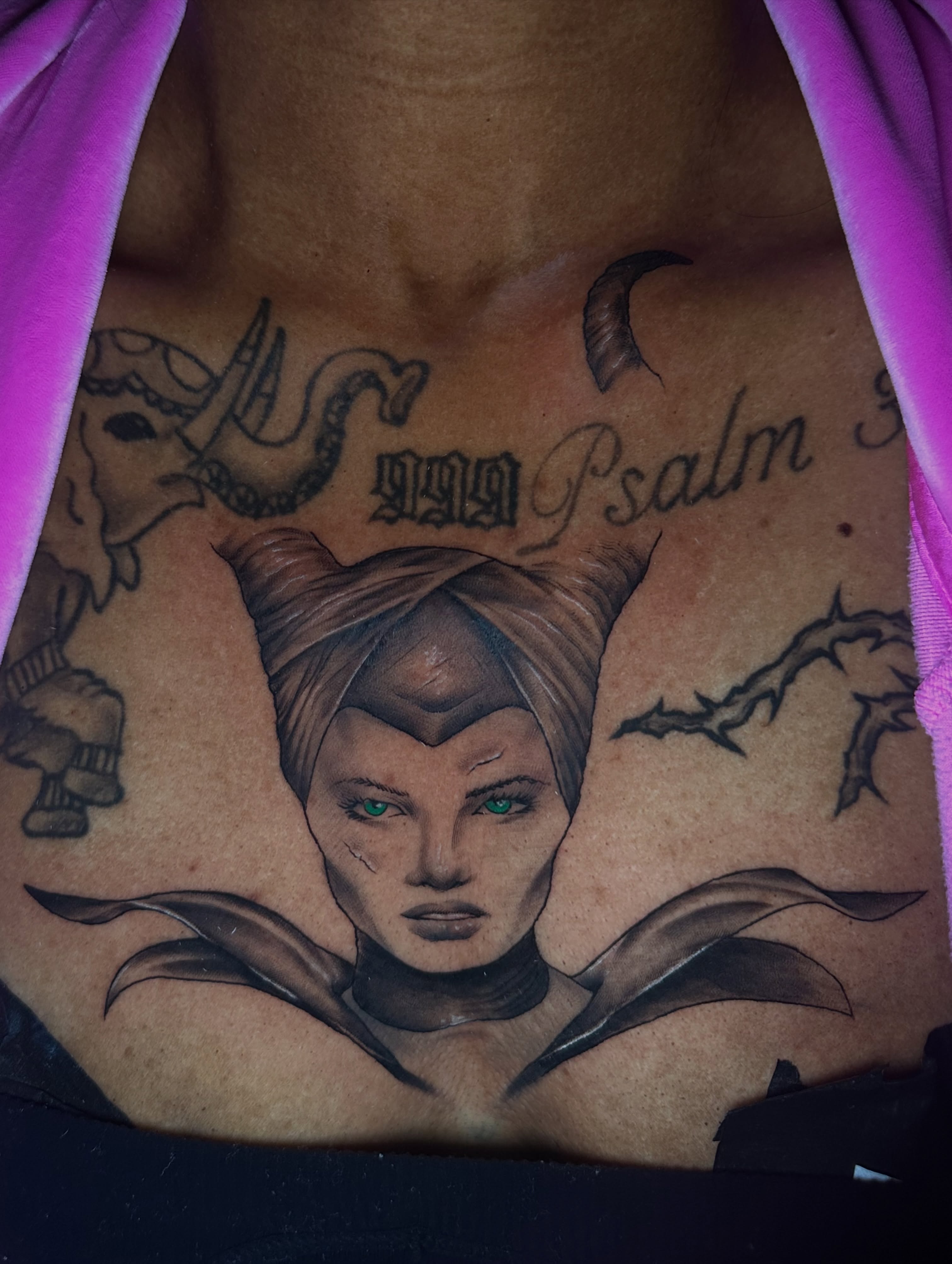 Female character realism tattoo on the chest by Chris (Pikasso)