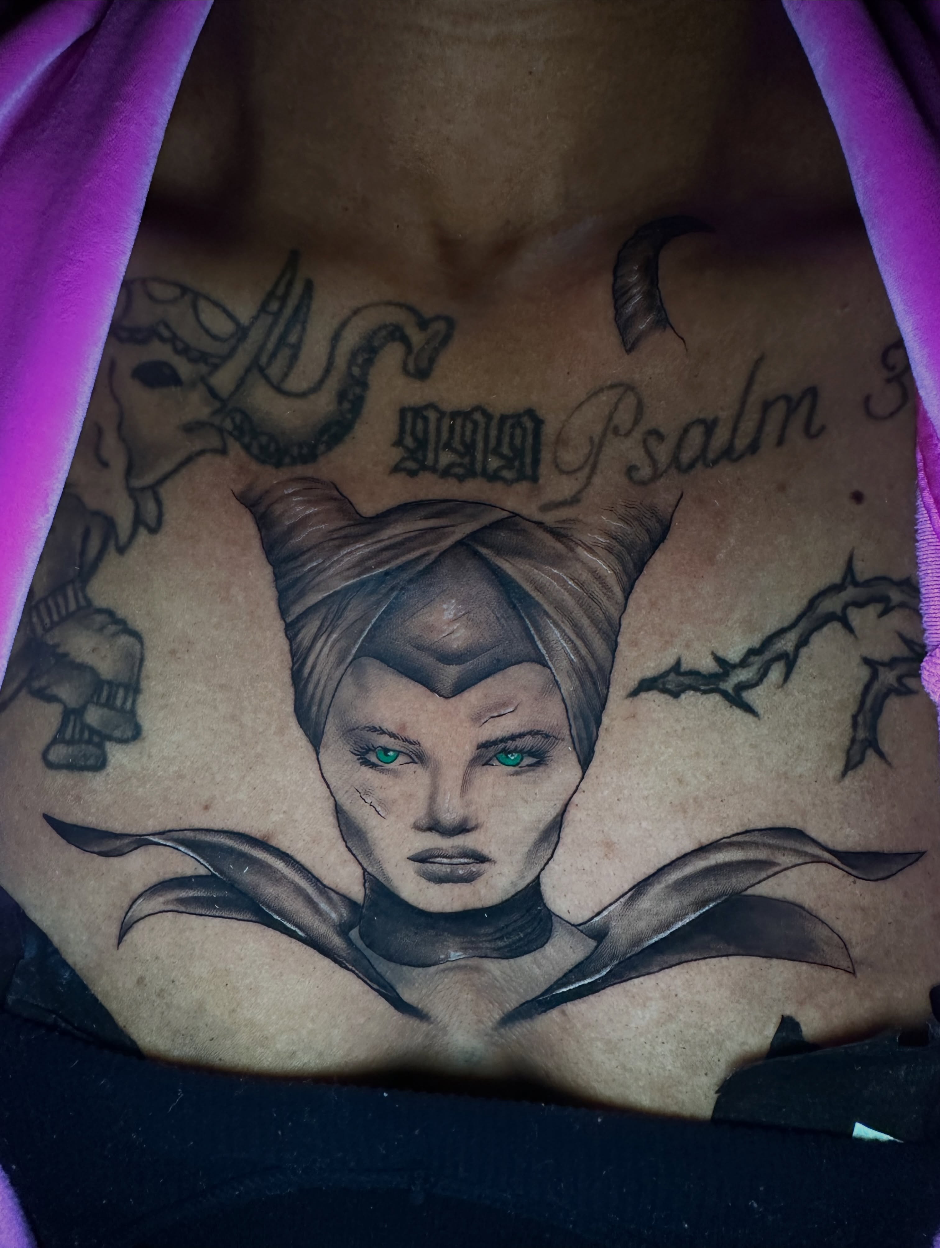 Maleficent realism tattoo on the chest by Chris (Pikasso)