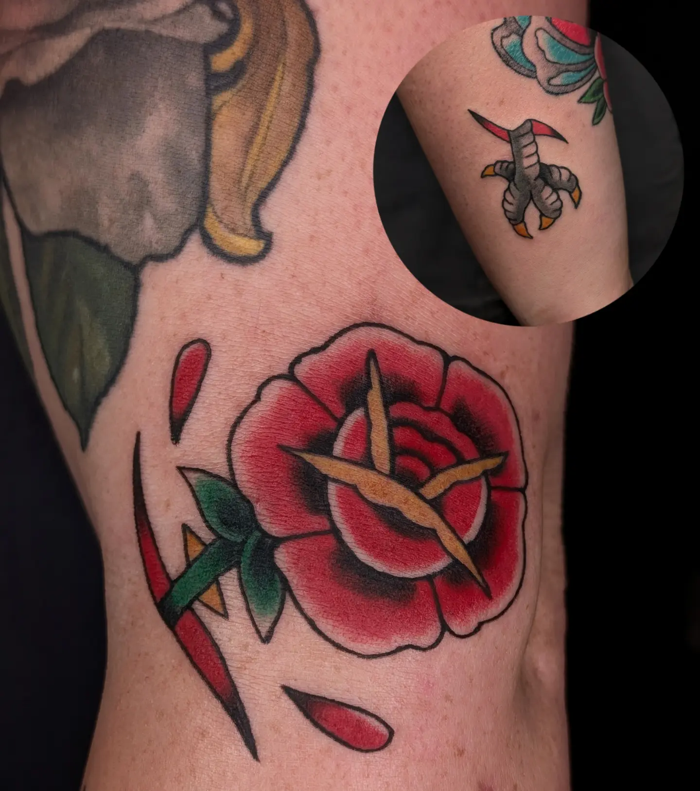 Rose with dagger American traditional tattoo on the thigh by ⓢⓐⓜ ✧*。