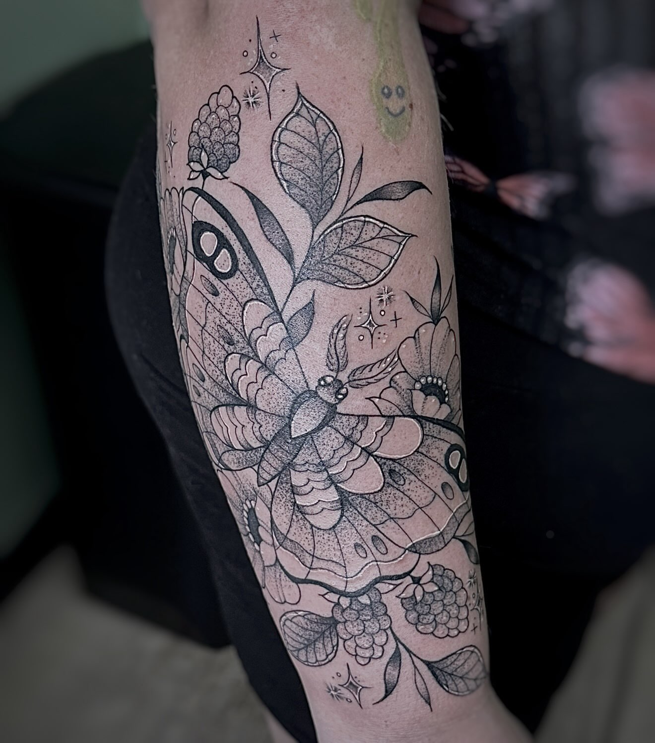 Butterfly and floral dotwork tattoo on the forearm by ππΌ Joana Diane Tattoos πΌπ