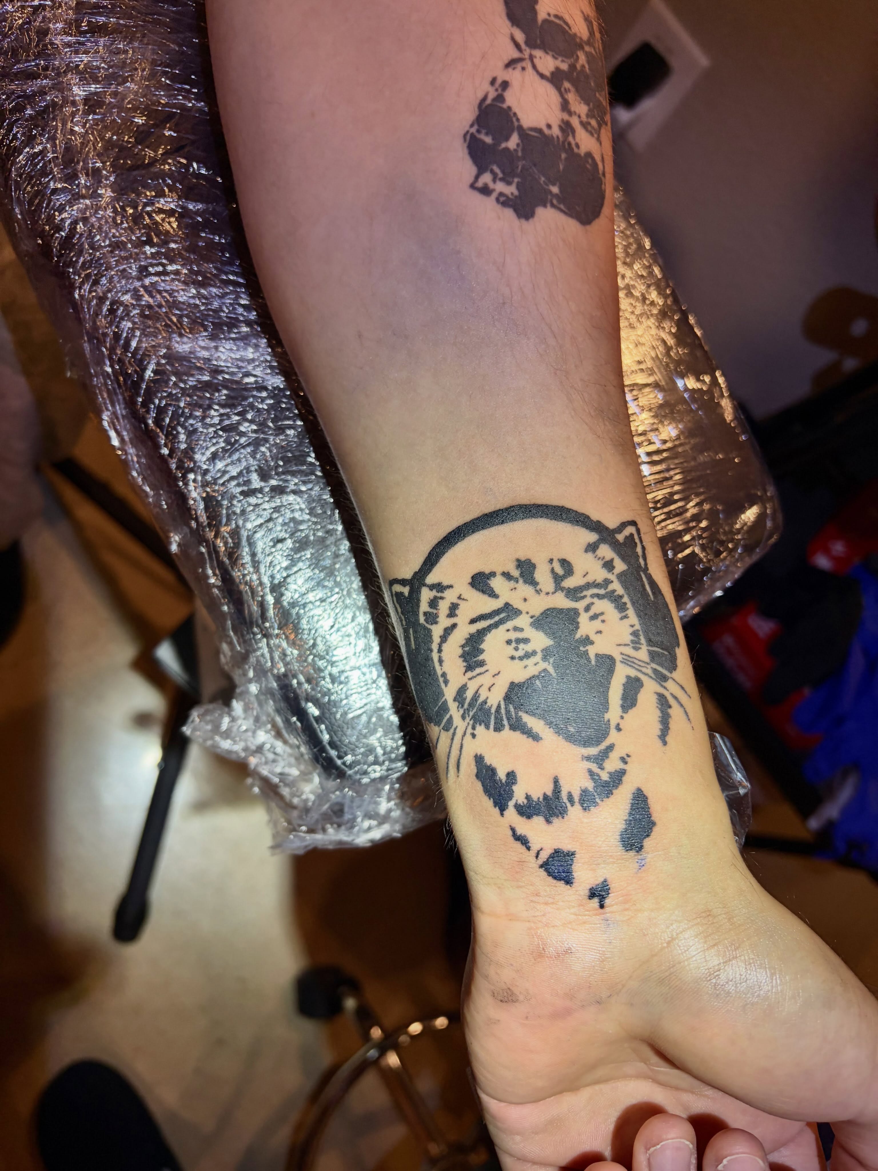 Tiger black and grey tattoo on the forearm by blastedbybk