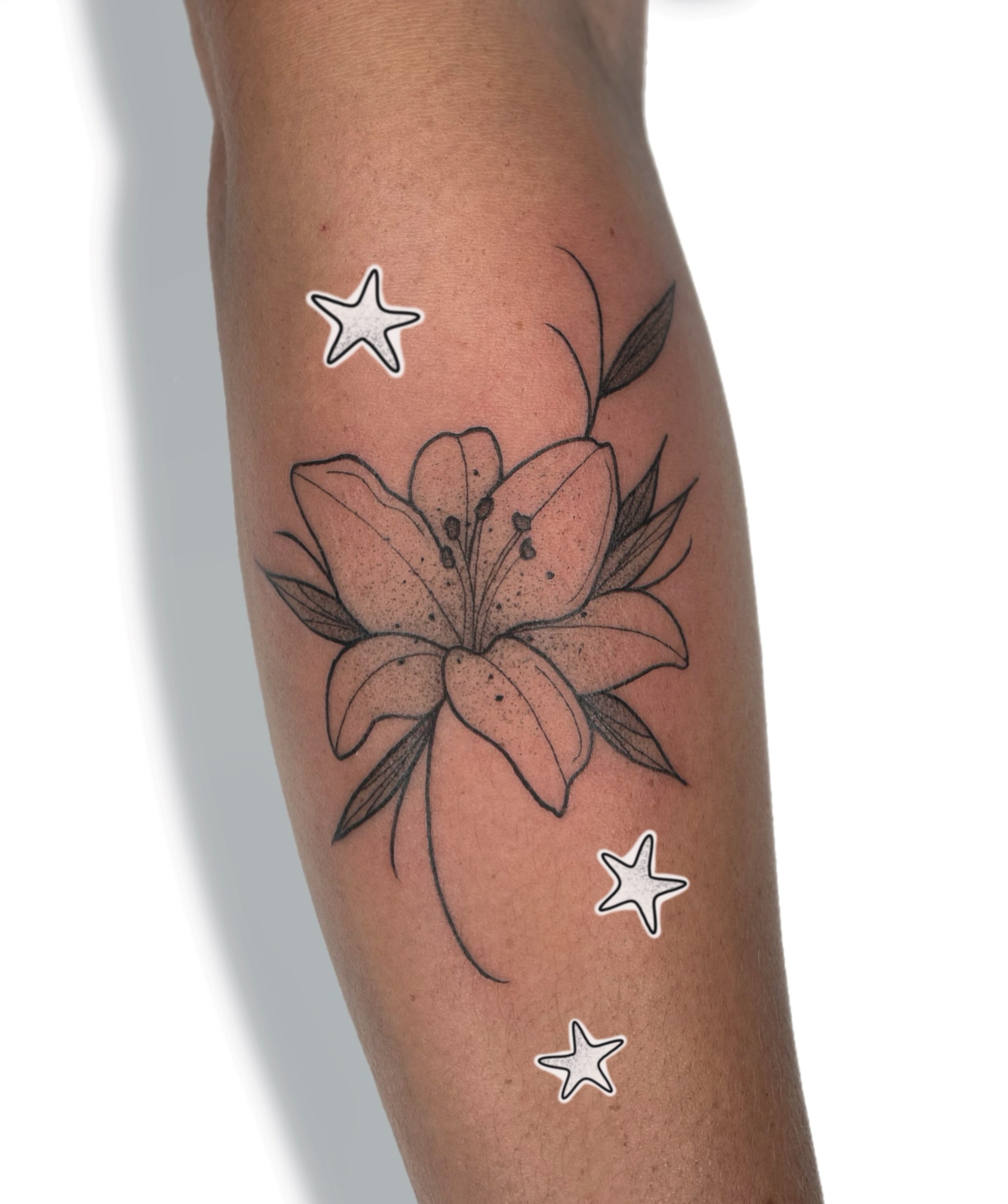 Lily black and grey tattoo on the forearm by Jules ๐โโฌ, Chicago, Illinois