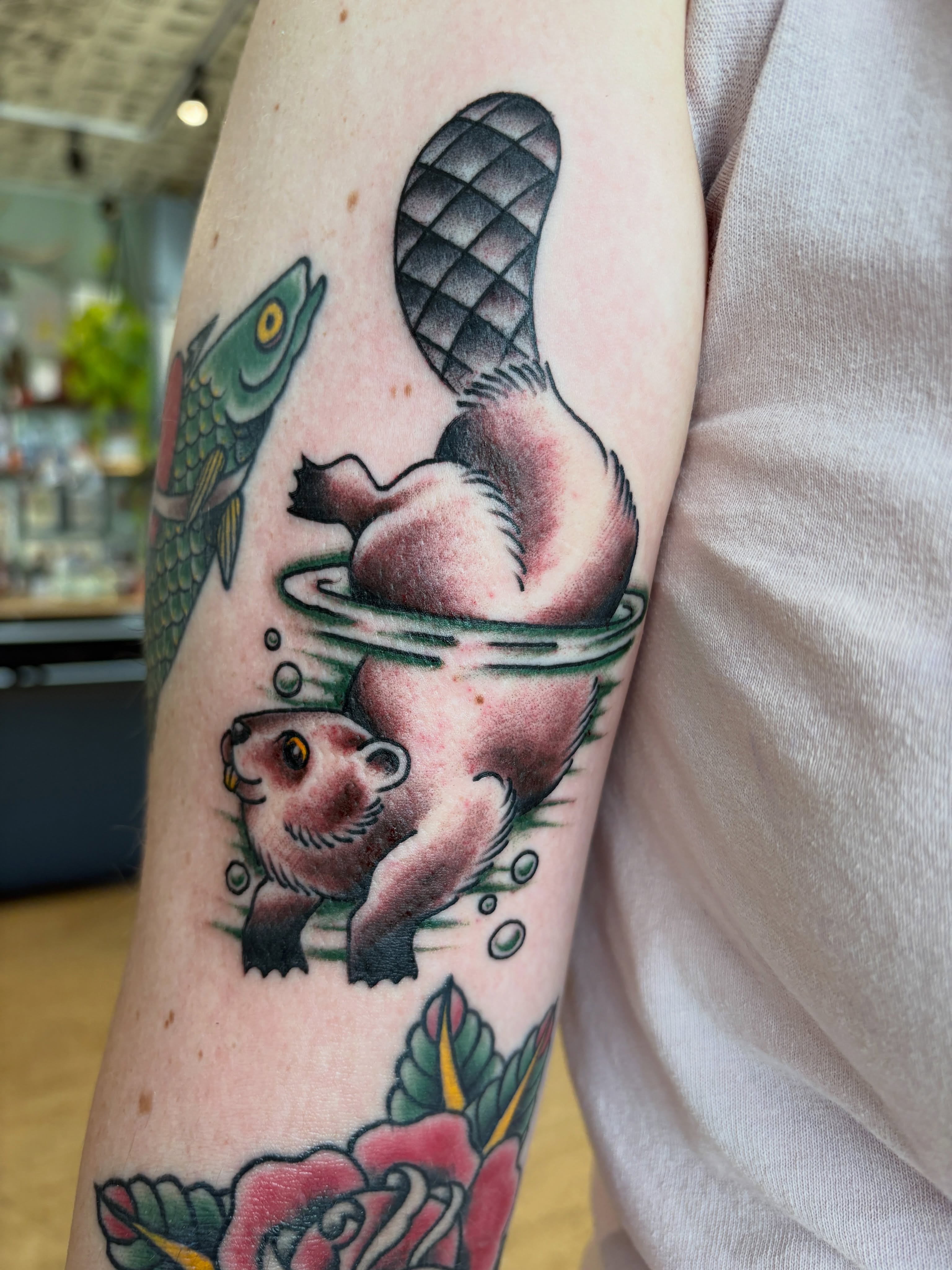 Beaver and fish American traditional tattoo on the forearm by Kimber Teatro, Portland, Oregon