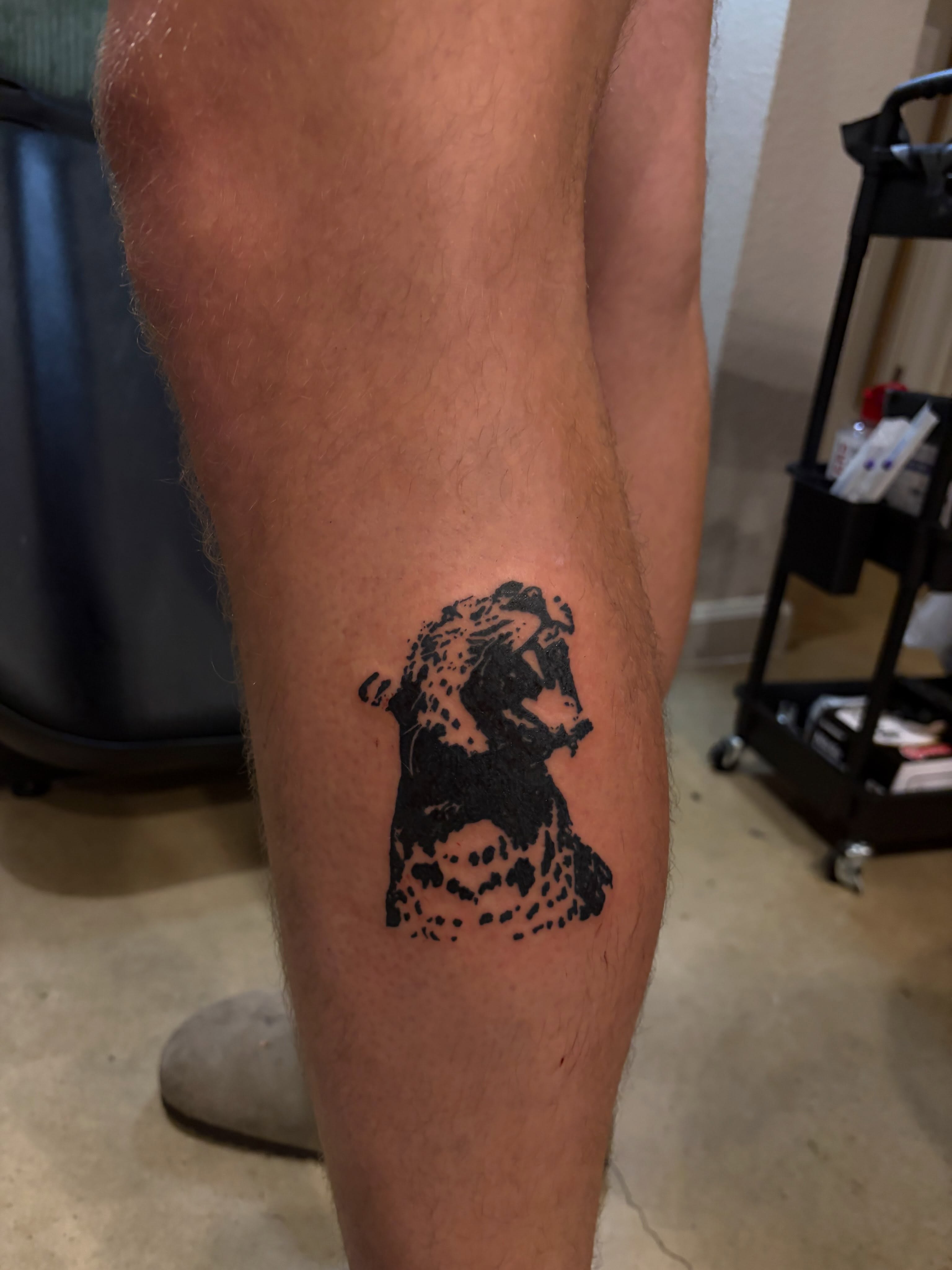 Leopard dotwork tattoo on the leg by blastedbybk