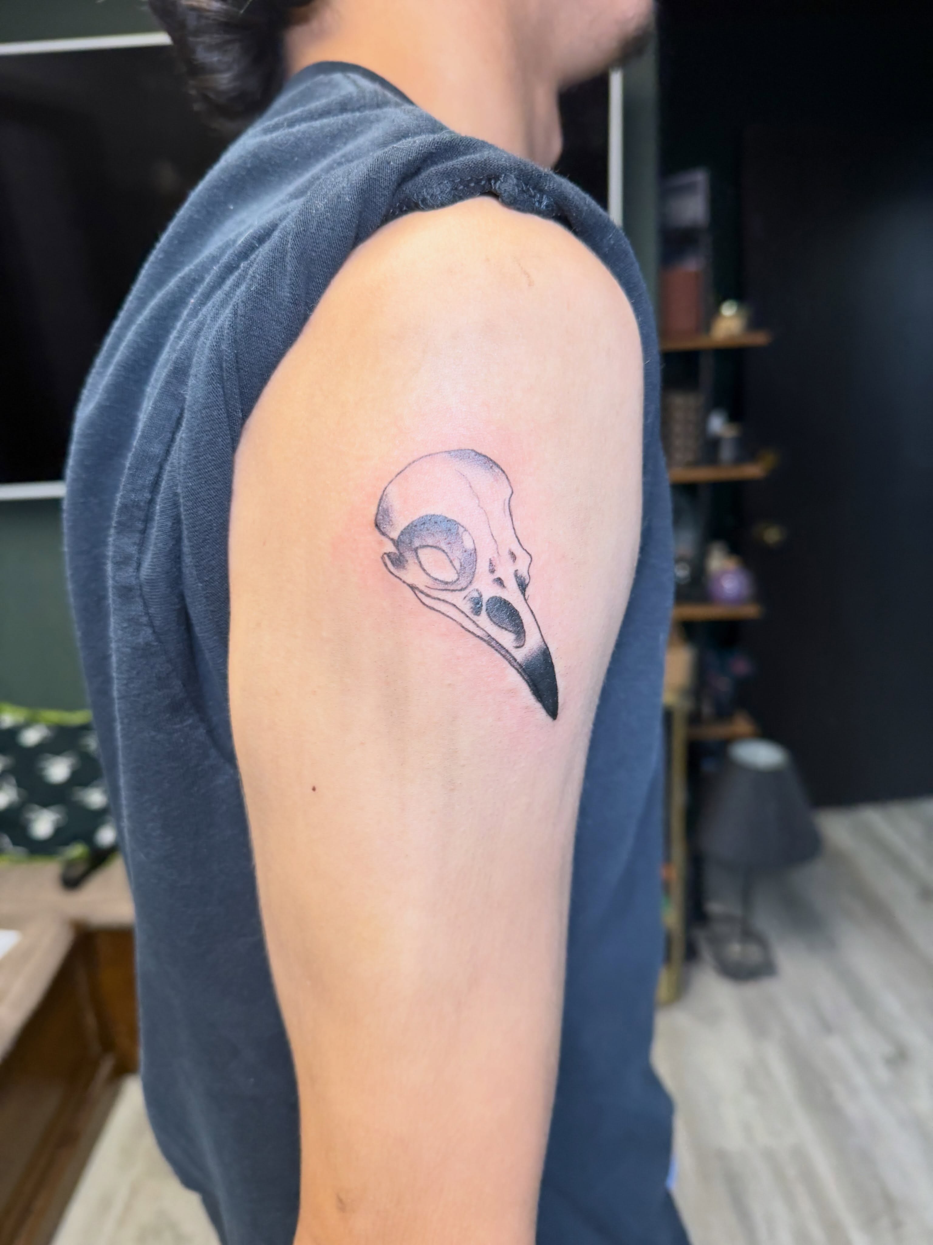 Skull black and grey tattoo on the shoulder by Liz🗡️Fort Collins🗡️Tattoo Apprentice