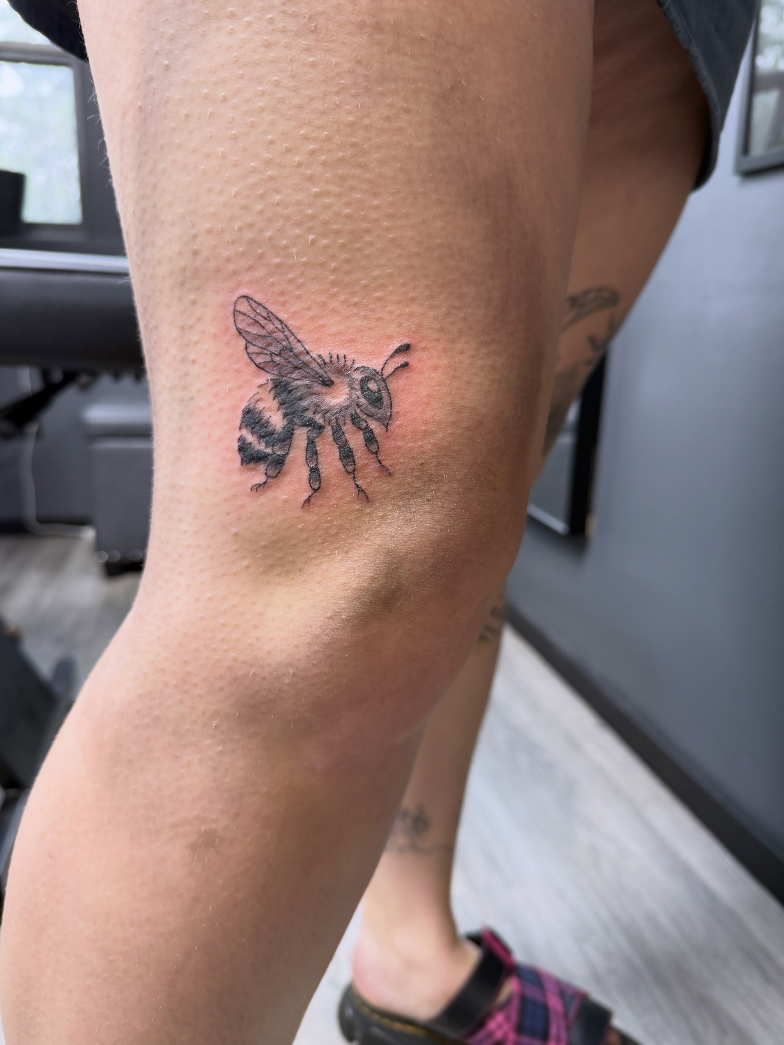 Bee realism tattoo on the forearm by Liz🗡️Fort Collins🗡️Tattoo Apprentice