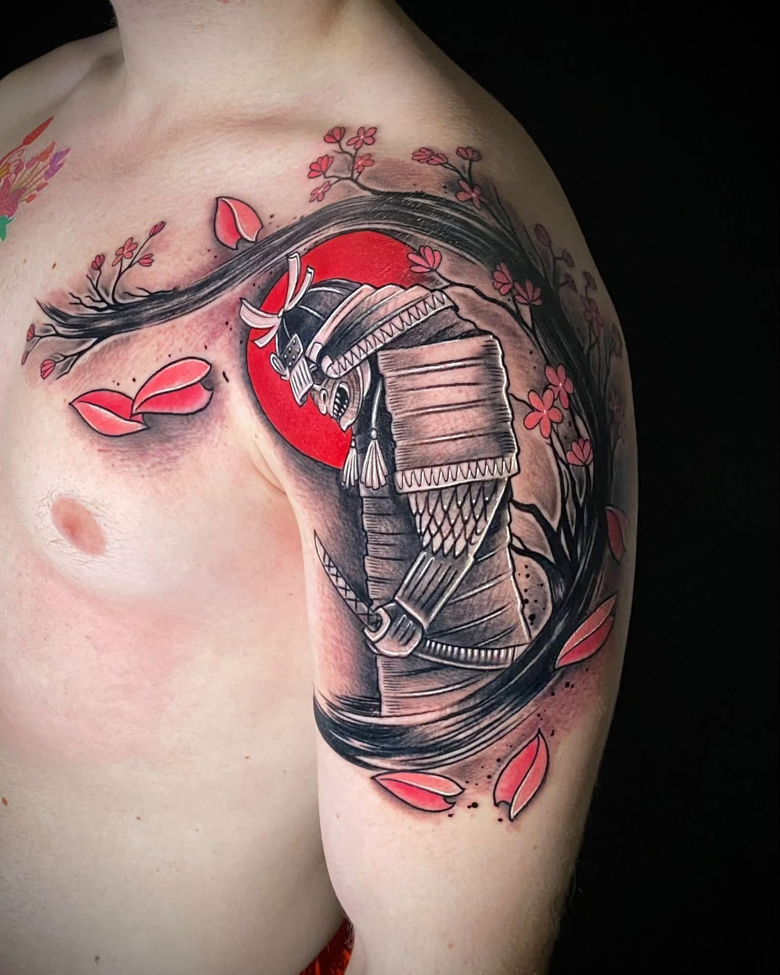 Samurai helmet japanese irezumi tattoo on the shoulder by Daemion